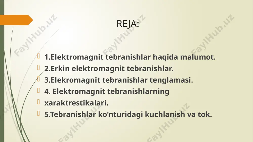 n o’tgan tok unda o’z induksiya eyukni vujudga keltiradi. =-l* tebranishlar — muayyan vaqt oraliklarida takrorlanib turadigan harakatlar. masalan, soat mayatnigining tebranishi, cholgʻu asboblari torlarining yoki kamerton oyoqchalarining tebranishi, radiopriyomnik konturidagi kondensator qoplamalari orasidagi kuchlanishning tebranishi va boshqa shunday takrorlanuvchanlik xossasiga egadir. takrorlanayotgan jarayonning fizik tabiatiga qarab mexanik, elektromagnit, elektromexanik va boshqa tebranishlarga ajraladi. tebranishlar tabiatda va texnikada keng tarqalgan. koʻpchilik hollarda ular salbiy taʼsir qiladi. relslarning qoʻshilish joyidan utayotganda poyezdning gʻildiraklari beradigan turtkilar koʻprikning tebranishiga, suzish vintining aylanishi kema tanasining tebranishiga, samolyot qanotlarining tebranishi halokatga olib kelishi mumkin. bunday hollarda tebranishlarni xavfli chegaragacha kutarilishiga yoʻl qoʻymaslik uchun tegishli choratadbir koʻriladi. shunga qaramasdan tebranishlar texnikaning turli sohalarida muhim ahamiyatga ega. mac, radiotexnika tebranma jarayonlarga asoslangan. qurilma tarkibi yuqori induktivli chulg’am kondensator, 40 μf asos taglik, bir juft bridging plugs dc ta’minlash manbai 0…±15 v multimeter ld analogli 20 2 ulash simlari, 19 a, 100 sm, qizil/ko’k, juftli elektromagnit tebranishlar haqida …