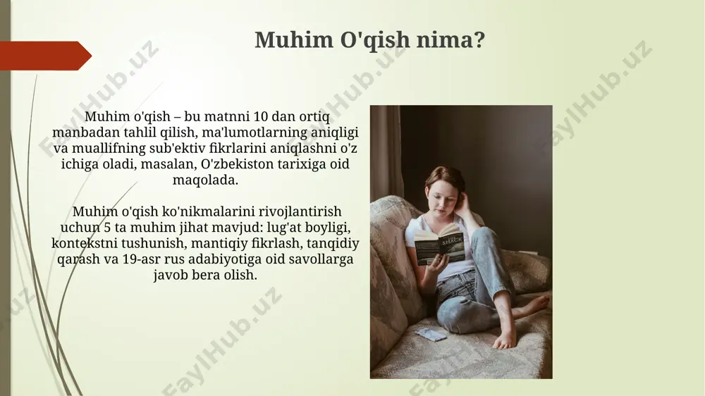 da, obrazli ifodalar va 3 xil metafora turini aniqlashga bag'ishlanishi mumkin. samarqand davlat universitetida o'tkazilgan tadqiqotlar shuni ko'rsatdiki, uslubiy tahlilning 2 bosqichi – leksik va sintaksis darajalarini o'rganish, matnning umumiy ma'nosini 90% ga aniqlashga yordam beradi. matnning maqsadini aniqlash "matnning maqsadini aniqlash" jarayonida, 2023-yilda o'tkazilgan 5 ta turli mamlakat (o'zbekiston, rossiya, qozog'iston, qirg'iziston va tojikiston) tadqiqotlari shuni ko'rsatdiki, matnning asosiy fikrini aniqlashda kontekstual tafakkur muhim rol o'ynaydi. "matnning maqsadini aniqlash"da, matnning 1- va 3- xatboshlarini tahlil qilish orqali asosiy maqsad va 2 ta qo'shimcha maqsadlarni aniqlash mumkin, bu esa samarqand universiteti talabalari tomonidan tasdiqlangan. o'z fikringizni shakillantirish “o‘z fikringizni shakillantirish” kitobi, 20 dan ortiq fikrlash uslublarini, jumladan, mantiqiy tahlil va tanqidiy baholashni 5 ta bobda batafsil bayon qiladi. kitobda keltirilgan 3 ta holat tahlili orqali, samarqand universiteti talabalari uchun amaliy maslahatlar berilgan. tanqidiy fikrlash ko'nikmalarini rivojlantirish самарқанддаги ўқитувчилар малакасини ошириш курсларида, танқидий фикрлашнинг 4 та асосий босқичи (таҳлил, баҳолаш, талқин, …