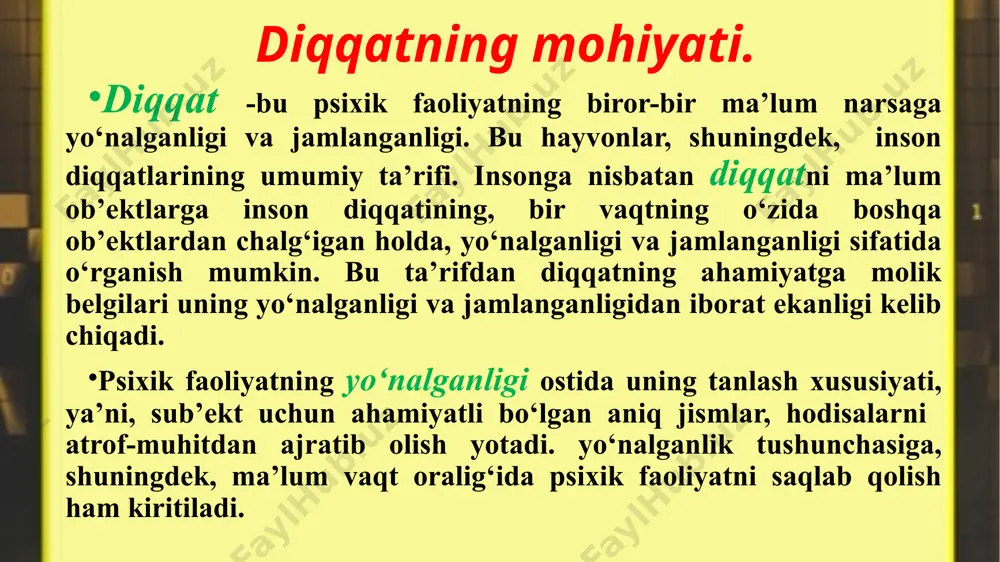 deb, odatda, ikki turlicha hodisaga aytiladi. birinchidan, ko‘p hollarda parishonxotirlik deb, insonning atrofidagilarga e’tibor bermasdan, ishga haddan tashqari berilib ketishining natijasiga aytiladi. parishonxotirlikning bu turi u yoki bu faoliyatda kuchli jamlanganlik natijasida yuzaga kelganligi sababli soxta parishonxotirlik deb ataladi. parishonxotirlikning bu turi haqiqiy parishonxotirlik deb ataladi. haqiqiy parishonxotirlikdan aziyat chekuvchi insonning ixtiyoriy diqqati o‘ta beqarorligi va chalg‘ib turishi bilan farqlanadi. diqqat o‘zining rivojlanish bosqichlariga ega. bola hayotining birinchi oylarida faqat ixtiyorsiz diqqatning mavjudligi kuzatiladi. bola dastlab kuchli yoki keskin farq qiladigan tashqi qo‘zg‘atuvchilarni sezadi. uch oylik bo‘lishi bilan bola, hayoti bilan uzviy bog‘liq bo‘lgan ob’ektlar bilan ko‘proq qiziqa boshlaydi. 5-7 oyligida bola etarlicha uzoq vaqt davomida qandaydir jismni kuzatishi, ushlab ko‘rishi, og‘ziga olishi mumkin. ixtiyoriy diqqatning nishonalari, odatda, birinchi yilning oxiri ikkinchi yilning boshlariga kelib, namoyon bo‘la boshlaydi. bolada ixtiyoriy diqqatning shakllanishi va rivojlanishi uni tarbiyalash jarayoni bilan bog‘liq. bolaning atrofidagi odamlar asta-sekin bolani o‘zi istaganini emas, balki, uning qilishi …