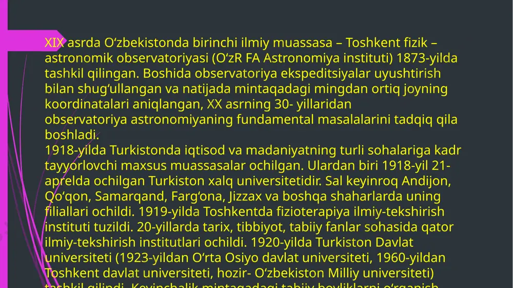 ssasalari olib borayotgan asosiy, amaliy va innovatsion tadqiqotlarga katta e’tibor qaratadi. bugungi kunda yuqori bilimni talab qiluvchi mahsulotlar va ilmiy-tekshirish muassasalari xizmatlarini keng targ‘ib qilish, muhim amaliy ilmiy natijalardan foydalanishning yangi yо‘llari aniqlanib, hayotga tatbiq qilinmoqda, о‘zbekiston respublikasi fanlar akademiyasi ilmiy bо‘limlari faoliyati takomillashtirilmoqda. foydalanilgan adabiyotlar. 1. ergashev b. manbashunoslik va tarixshunoslik. darslik. samdu tahririy- nashriyot bo'limi. - samarqand.: 2021. 2. madraimov a., fuzailova u. tarixiy manbashunoslik. o'quv qo'llanma. -t.: fan. 2010. 3, ahmedov b. o'zbekiston tarixi manbalari (qadimgi zamon va o'rta asrlar). - t. fan. 2011. image1.png image2.png image3.png image4.png image5.png image6.png /docprops/thumbnail.jpeg