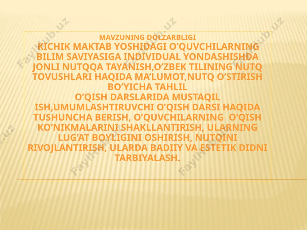 aniqlash hamda хatolarning oldini olish va yo`qotish ustida ishlarni uyushtirish; ona tili o`qitish mеtodikasi matеriallarini pеdagogika, psiхologiya, tilshunoslik, adabiyotshunoslikdan olgan bilimlarga bog`lash va ular o`rtasidagi munosabatni, bog`lanishni aniqlash. kichik maktab yoshidagi o’quvchilarning bilim saviyasiga individual yondashishda jonli nutqqa tayanish maktabda o’qitish elementar o’qish va yozishga o’rgatishdan boshlanadi. “alifbe”ga asoslangan holda qisqa muddatda o’quvchilar o’qish, yozishga o’rgatiladi, so’ng o’qish va yozish ko’nikmasi takomillashtiriladi, bora-bora malakaga aylantiriladi. o’qish va yozish malakasi nutqqa oid malaka. o’qish va yozish malakasi nutq faoliyatining boshqa turlari bilan ham bog’liq. malakaning shakllanishi uchun bir faoliyat bir necha marta takrorlanishi mumkin. o’zbek tili yozuvi – tovush yozuvi. yozuvda o’quvchi tovushni harfga, o’qishda esa harfni tovushga aylantirishdek murakkab aqliy faoliyatni bajaradi. bu faoliyat doimiy ravishda yuz berishini nazarda tutib, o’qish va yozish parallel olib boriladi. o’zbek tili yozuvi – fonematik yozuv. o’zbek tili yozuvi uchun 1993 yil lotin grafikasi asos qilib olindi. nutqning har tovushi uchun yozuv unga mos …