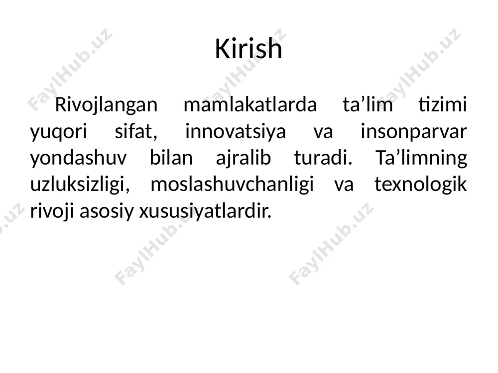 lantirishga va innovatsion texnologiyalarni tatbiq etishga qaratilgan. foydalanilgan adabiyotlar 1. b.x. xodjayev. umumiy pedagogika nazariyasi va amaliyoti. 2. unesco 2023 hisobotlari. 3. oecd ta’lim bo‘yicha xalqaro ma’lumotlar. 4. mamlakatlarning milliy ta’lim vazirliklari nashrlari. image1.png /docprops/thumbnail.jpeg