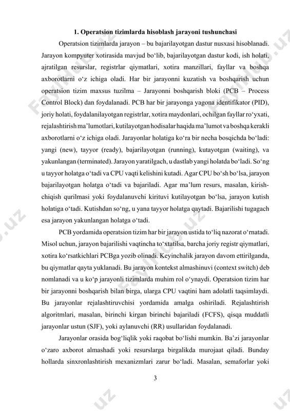 , ularni jarayon sifatida boshqaradi. har bir dastur ishga tushganda yangi jarayon yaratiladi. jarayonlar ierarxiyasi mavjud bo‘lib, bir jarayon boshqa jarayonni yaratishi mumkin. bunday ota-jarayon (parent process) va farzand-jarayon (child process) orasida aloqa bo‘lishi mumkin. unix va linux operatsion tizimlarida jarayonlar fork(), exec() tizim chaqiriqlari orqali yaratiladi. fork() yangi jarayon yaratadi, exec() esa mavjud jarayonda yangi dastur bajarilishini boshlaydi. operatsion tizim jarayonlar ustida kuzatuv, rejalashtirish, sinxronlashtirish, resurslarni ajratish, xotirani boshqarish kabi funktsiyalarni amalga oshiradi. har bir jarayon uchun pcb yangilanadi. har safar jarayon kontekstini almashtirishda tizim juda tez ishlaydi, chunki rejalashtiruvchi algoritmlar optimallashtirilgan. jarayon holatlari o‘zgarishi tizim registrlariga yoziladi va holat diagrammalari yordamida nazorat qilinadi. jarayon holatlarini boshqarish jarayonni to‘g‘ri rejalashtirish uchun muhimdir. misol uchun, jarayon kutilayotgan holatda uzoq vaqt qolsa, u “och qolgan jarayon” (starvation) holatiga tushishi mumkin. 2. jarayonlarni rejalashtirish va uning turlari operatsion tizimlarda jarayonlarni rejalashtirish – bu jarayonlarga protsessor vaqtini taqsimlash tartibini belgilovchi muhim jarayondir. har …