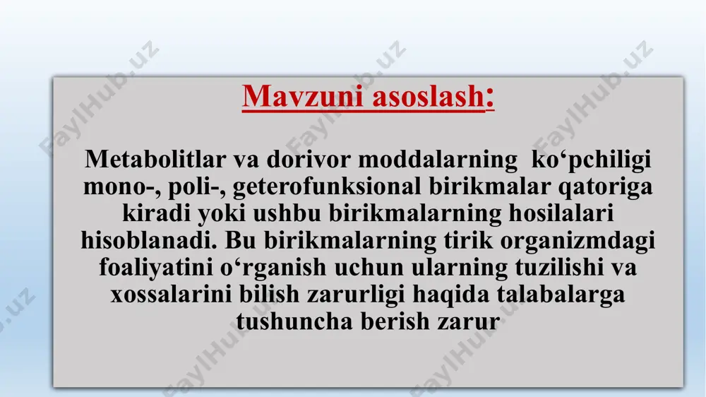 kimyoviy hossalari o’rin olish va o’rin almashinish reyaksiyalari oksidlanish-qaytarilish reyaksiyalar birikish va ajralib chiqish reyaksiyalari ko’p atomli spirtlar ch2(oh)ch(oh)ch2(oh) ch2(oh)ch(oh)ch(oh)ch2(oh) ch2(oh)ch2(oh) ch2(oh)ch2(oh)ch3 ch2(oh)ch(oh)ch(oh)ch(oh)ch2(oh) glitserin (1,2,3-propantriol) suv bilan aralashtirilgan glitserin terini yumshatish uchun ishlatiladi. bu maqsadda suvsiz glitserinni qo’llash mumkin emas, chunki suvsiz glitserin gigroskopik modda bo’lgani uchun teri hujayralaridagi suvni tortib olish, ya’ni terini kuydirish xossasiga ega. glitserinning nitroefirlari og’ir moysimon suyuqlik, portlovchi moddalardir. lekin spirtli eritmasi portlamaydi, dori sifatda ishlatiladi. nitroglitserinning spirtdagi 1% li eritmasidan yurak kasalliklariga dori-darmon sifatida ham ishlatiladi. ko’p atomli spirtlar-ni xossa-lari ko’p atomli fenollar poliaminlar 16 dikar-bon kislo-talar kislota-lardagi reaksiyalar aromatik dikarbon kislota aromatik polifunktsional bi-rikmalar geterofunksional birikmalar сн2 - сн2 сн3 – сн – соон nн2 он nн2 2-etanolamin 2- aminopropan kislota (kolamin) (-alanin) о сн3 - с – сн2 - соон сн3 – сн – соон он 3-oksobutan kislota 2-gidroksipropan kislota(atsetosirka kislota) (sut kislota) geterofunksional birikmalarning reaksion qobiliyati geterofunksional birikmalar bir tarafdan har …