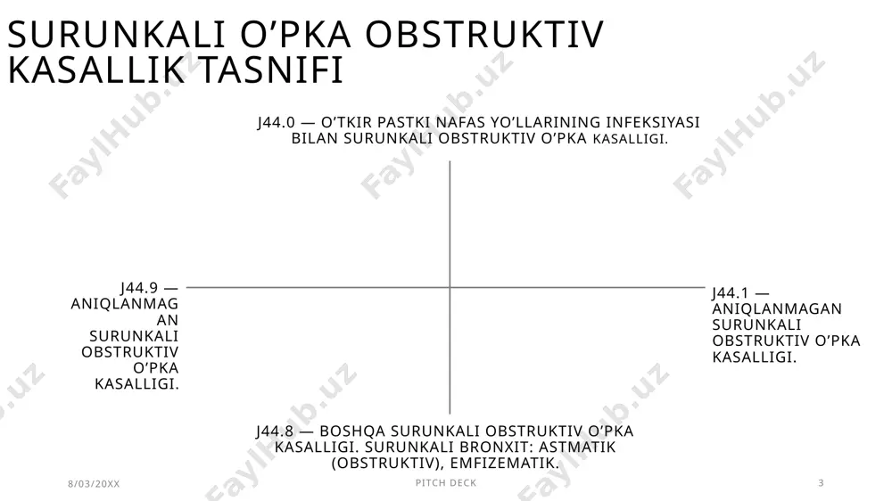 qlanadi. mutlaq ko’rsatkichlar bilan bronkoskopiya o’tkaziladi. 8/03/20xx pitch deck 8 to’liq qon tahlili surunkali obstruktiv o’pka kasalligining kuchayishini baholash uchun amalga oshiriladi va politsitemiya (gematokrit> 55%), anemiya va leykotsitozni aniqlashi mumkin. eto izobrajenie, avtor: neizvestniy avtor, litsenziya: cc by-sa 8/03/20xx pitch deck 9 kasallikning klinik jihatdan aniqlangan yo’nalishi bo’lgan 50 yoshgacha bo’lgan bemorlarda va obstruktiv o’pka kasalligi bo’lgan har qanday yoshdagi chekuvchilarda alfa-1-antitripsin yetishmovchiligi aniqlanadi va agar genetik jihatdan aniqlangan alfa-1-antitripsin yetishmovchiligiga shubha bo’lsa, uning molekulyar shakllari qon zardobida tekshiriladi eto izobrajenie, avtor: neizvestniy avtor, litsenziya: cc by-sa 8/03/20xx pitch deck 10 davoalsh surunkali obstruktiv o’pka kasalligi davolashning eng muhim maqsadi bemorning normal hayot kechirish qobiliyatini saqlab qolish va uzoqroq faol bo’lishdir. kasallikning og’irligidan qat’iy nazar, kasallikning kuchayishi va rivojlanish xavfini kamaytirish juda muhimdir: xavf omillari ta’sirini kamaytirish, shu jumladan chekish va havoning ifloslanishi; bronxolitiklardan (bronxodilatatorlardan) foydalanish — surunkali obstruktiv o’pka kasalligini simptomatik davolashda asosiy dorilar. ular bir marta yoki …