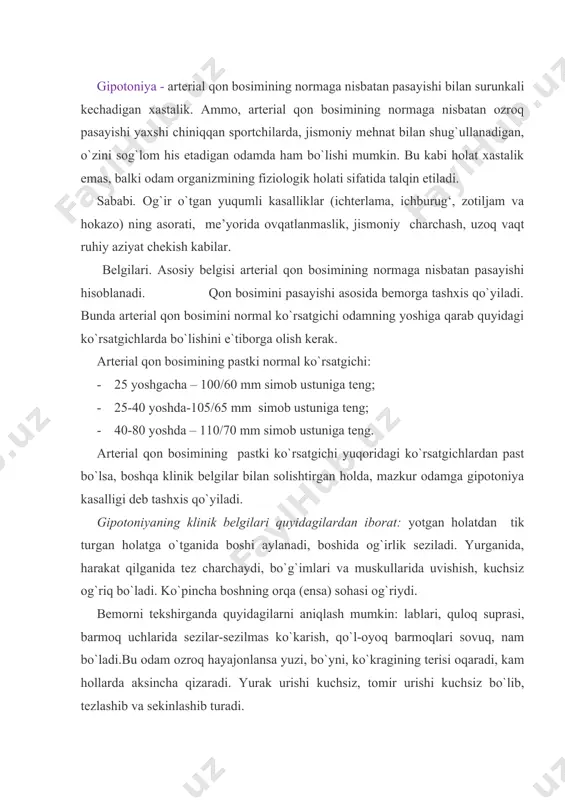i. yurak urishi kuchsiz, tomir urishi kuchsiz bo`lib, tezlashib va sekinlashib turadi. tibbiy yordam va maslahat berish. 1.bemor ertalab uyqudan uyg`onganda o`rnidan darrov turmasdan, yotgan joyida 10 marta qo`llarini yuqoriga ko`tarib va tushirib chuqur nafas olish va nafas chiqarish mashg`ulotini bajarishi lozim. o`rnidan turgandan keyin ham shu mashg`ulotni 10-20 marta bajarishi maqsadga muvofiq bo`ladi. 2.ovqatlanishi kuniga 4 mahal. 3. ovqati tarkibida go`sht,tuxum,baliq,sut-qatiq,pishloq,meva va sabzavotlar yetarli bo`lishi kerak. 4.dorilardan: - mezaton 0,5-1 ml teri ostiga kuniga 1 mahal, jami 10 ta; - vitamin b1,b6-1 ml dan, askorbin kislota-2 ml,vitamin b12-100-200 mkg.bular bir vaqtning o`zida, lekin shpritsga bittasini olib in`yeksiya qilgach, so`ngra ikkinchi va uchinchisini olib ketma-ket ikkala dumbaning tashqi yuqori sohalariga yuboriladi.; - kofein 1-2 ml teri ostiga yuboriladi (zarur bo`lganida); - arterial qon bosimi juda past bo`lsa (80/40): dofamin-5 ml + natriy xlorning-0,9 % -100 ml, yoki glyukozaning -5 % - 100 ml eritmasiga qo`shib venaga tomchi usulida; - atf …