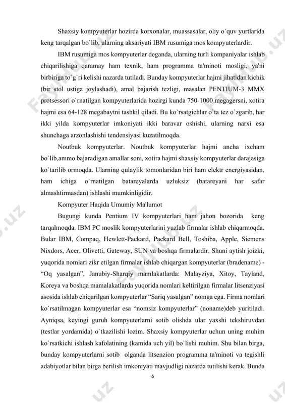 laklarini ketma-ket emas, parallel bajaradigan kompyuterlar ham yaratilganligini eslatib o`tish joizdir. shunday qilib, kompyuter avvaldan tuzilgan programma asosida ishlaydi. o`z navbatida programma qo`yilgan masalani kompyuterda yechish uchun qandaydir programmalash tilida yozilgan buyruqlar (operatorlar) ketma-ketligidir. programmalash tilida tuzilgan programmalar maxsus tarjimon programmalar yordamida kompyuter tiliga o`tkaziladi. kompyuter tili 0 va 1 lardan tashkil topgan, ma'lum qoidalar asosida yoziladigan ketma-ketliklardan iborat. djon fon neyman prinsipi bo`yicha avtomatik ravishda bajariladigan programma avval kompyuterning xotirasiga iritiladi (yuklanadi). xotirada turgan programma asosida programmani tashkil etuvchi har bir operator ketma-ket bajariladi. oshqaruv qurilmasi deb ataluvchi maxsus qurilma hozir qanday operator bajarilishi va undan keyin qaysi operator bajarilishi ustidan nazorat o`rnatadi va uning bajarilishini ta'minlaydi. amal (arifmetik-mantiqiy) esa protsessor deb ataluvchi qurilmada bajariladi. programma ishlash natijasi to`g`ridan-to`g`ri ekranda yoki tashqi qurilma (chop qiluvchi mexanizm, grafik chizuvchi qurilma, video qurilma va boshqalar) deb ataluvchi qurilmada ko`rilishi mumkin. odatda kompyuter ikki qismdan: hardware (kompyuterni tashkil etuvchilari - kompyuterning qattiq …