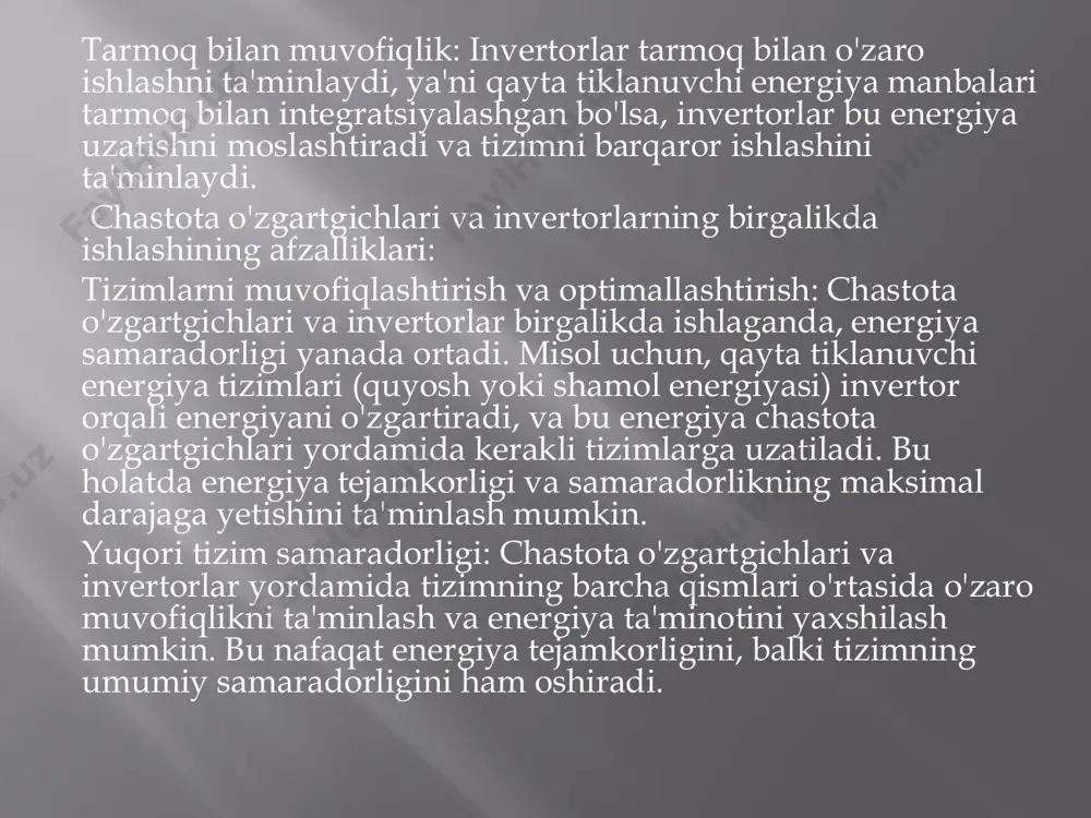 y foyda keltiradi. shuning uchun, mk = sonst va ad o‘zgarmas yuklamaga chidamlilik qobiliyatiga ega bo‘ladi. shuni ta’kidlash kerakki, statorning aktiv qarshili-gini r1 ta’siri, mk moment ad ning kichik tezliklarida bir muncha kamayadi, shuning uchun mk = sonst ni o‘zgarmasdan ushlab turish uchun kuchlanish kichik chastotalarida unga proporsional ‘olda o‘zgarmaydi. avtonom invertorlar kuchlanish va tok invertorlariga bo‘linadi. avtonom kuchlanish invertorlari (aki – ain) kuchlanish manbasiga, masalan chiqishiga katta siimli kondensator qo‘yilgan boshqariluvchi to‘rilagichga ulanadi. aki bikr tashqi xarakteristikaga ega bo‘ladi, ya’ni yuklama tokini o‘zgarishi bilan, uning chiqishidagi kuchlanishi amaliy ji’atdan o‘zgarmaydi. ushbu xossalari sababli, akidan foydalanilganda, dvigatelga boshqaruvchi ta’sirlar sifatida chastota va kuchlanish bo‘ladi. avtonom tok invertorlarini (ati – ait) ta’minlash tok manbasidan, masalan katta induktivlikka ega bo‘lgan reaktor qo‘yilgan boshqariluvchi to‘rilagichdan amalga oshiriladi. atidan foydalanilganda, adga boshqaruvchi ta’sirlar chastota va stator toki bo‘ladi. o‘zgarmas tok ko‘rinishi bo‘lib qoldi. bunda 50 kvtgacha bo‘g‘inli chastota quvvatlar diapazonida, avtonom kuchlanish o‘zgartkichning sxemasi …