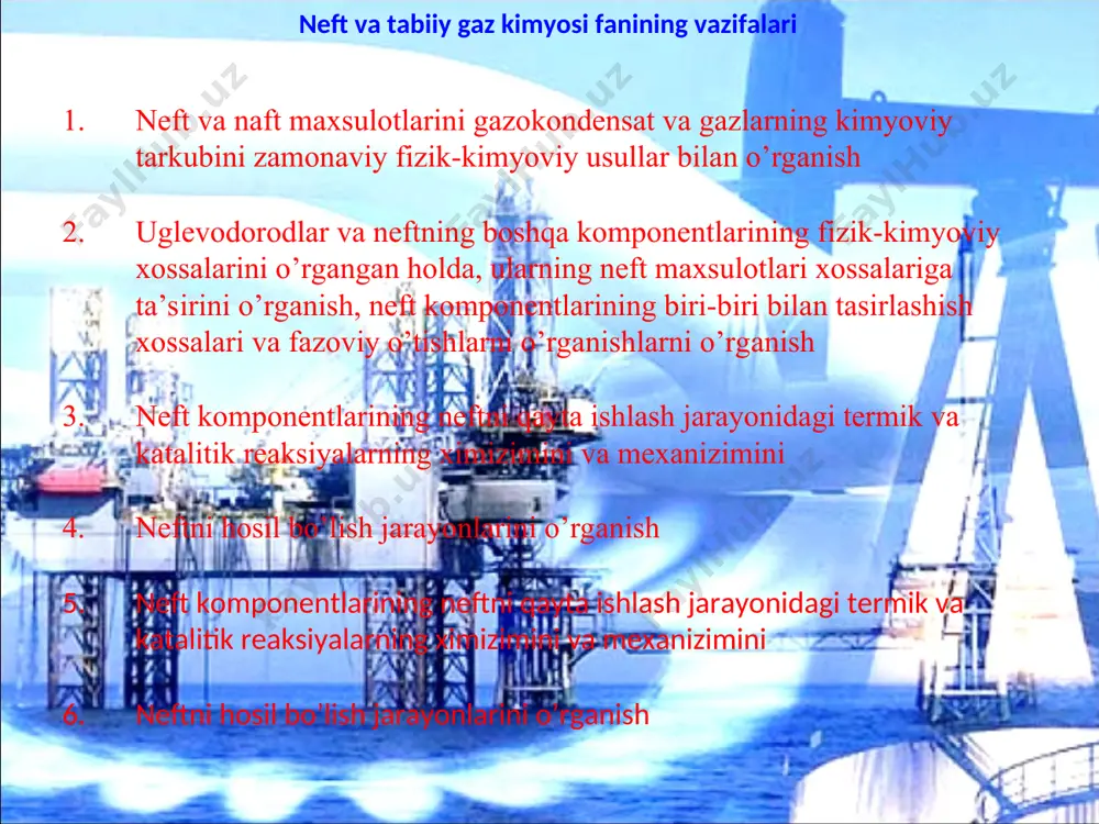 анлар, ёнида радикали булган моно – и полициклик нафтенлар, уринбосари булган ароматик углеводородлар, купядролик конденсатланган бирикмалар (молекуляр массаси 300 дан 1000 гача) 2. ноуглеводородли кисм – олтингугурт ва азотнинг анорганик бирикмалари 3. минерал кушимчалар – турли хил эриган тузлар (нефтда эриган сув таркибида), кум, лой сув ва ванадий, никель, темир, титан, германий и бошка элементларнинг механик аралашмаси neft qazib olish — xalq xoʻjaligining tabiiy foydali qazilmalar — neft qazib olish bilan shugʻullanuvchi tarmogʻi. neft qazib olish murakkab ishlab chiqarish jarayoni bo'lib, geologik qidiruv, quduqlarni burg'ulash va ta'mirlash, olingan neftni suvdan, oltingugurtdan, parafindan tozalash va boshqa ko'p ishlarni o'z ichiga oladi. neft qazib olish usullari: favvora (suyuqlik chiqishi bosim farqi tufayli amalga oshiriladi). gaz lifti еlektr santrifüj nasosni o'rnatish. еlektr vintli nasosni o'rnatish тayoqli nasoslar boshqa. neft ishlab chiqarishning fontan usuli: quduq oqimi, yuqorida ta'kidlanganidek, neft qazib olishning eng samarali usullaridan biri hisoblanadi, ayniqsa yangi hududlarda. :gazli lift moylarini ishlab chiqarishning …