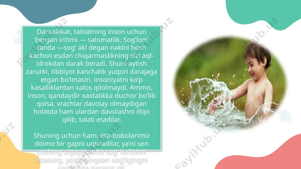 ri, bosh kiyimlarsiz, hamda kish kunlari fakat engil kiyimlar kiyib, o’zlarini chiniqtirganlar. kechalari yotoqxonalarda o’rilgan quruq beda yoki somon ustida uxlaganlar. oyoq uchun, eng asosiy harakat yurish, chopish, qo’l mushaklari uchun yoy tortish, nayza otish, tosh irgitishlar yaxshi mashqdir. bunday mashqlar, organizmni baquvvat, epchil, serg’ayrat qiladi, sog’likni mustahkamlaydi. turli tashqi va ichki ta’sirlar chiniqtirishda, tanada hosil bo’ladigan issiqlik va muhit katta ahamiyat kasb etadi. organizmda issiqlikning paydo bo’lishi va sarfi undagi haroratning umumiyligini saqlaydi. ammo keladigan issiqlik bilan sarflanadigan issiqlik bir-biriga teng bo’lgandagina tana hqrorati doimiylik darajasida saqlanadi. organizmda kechadigan doimiy davom etadigan modda almashinish jarayonlari sababli issiqlik energiyasi ishlab chiqiladi. organizmda ajratilgan energiya issiqlik energiyasi birligida — kilokaloriya yoki kilojoulda ifodalanadi. organizmda bir kunda ajraladigan energiya uch tarkibiy qismdan iborat: a) asosiy modda almashinishidan hosil bo’ladigan energiya; b) ozuqa iste’mol qilgandan so’ng yuqori modda almashinishidan so’ng hosil bo’lgan energiya; v) jismoniy va aqliy faoliyat natijasida paydo bo’ladigan energiya. asosiy …