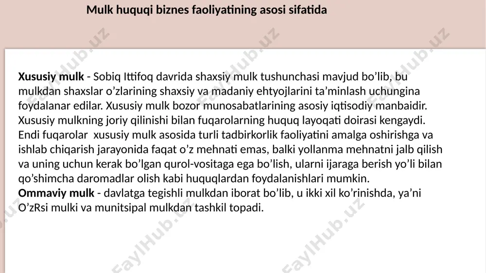 76, 177-moddalarida nazarda tutiladi. 176-modda. xo‘jalik yuritish huquqi xo‘jalik yuritish huquqi asosida ixtiyorida mol-mulk bo‘lgan unitar korxona bu mol-mulkka ushbu kodeksda belgilanadigan doirada egalik qiladi, undan foydalanadi va uni tasarruf etadi. xo’jalik yuritish huquqi va operativ boshqarish huquqi asosida tadbirkorlik faoliyatini yuritishning xususiyatlari 177-modda. xo‘jalik yuritishida bo‘lgan mol-mulkka nisbatan mulkdorning huquqlari xo‘jalik yuritishida bo‘lgan mol-mulkning egasi qonunga muvofiq korxona tashkil etish, uning faoliyat sohasini va maqsadlarini aniqlash, uni qayta tashkil etish va tugatish masalasini hal qiladi, korxona direktorini (rahbarini) tayinlaydi, korxonaga qarashli mol-mulkdan belgilangan maqsadlarda foydalanilishi va uning saqlanishini nazorat qiladi. mulkdor korxonaning xo‘jalik yuritishida bo‘lgan mol-mulkni ishlatishdan kelgan foydaning bir qismini olish huquqiga ega. unitar korxona xo‘jalik yuritish huquqi asosida o‘ziga qarashli bo‘lgan ko‘chmas mulkni mulkdorning roziligisiz sotishga, ijaraga berishga, garovga qo‘yishga, xo‘jalik shirkatlari va jamiyatlarining ustav fondiga hissa sifatida topshirishga yoki bu mol-mulkni boshqacha usulda tasarruf etishga haqli emas. korxonaga qarashli boshqa mol-mulkni u mustaqil tasarruf etadi. xo’jalik …
