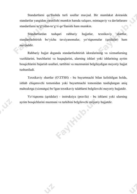 ikaviy talablarini, shuningdek mehnat havfsizligi, atrof-muhitni (ekologiya) zararli ta’sirlardan (shovqin, tebranish va boshqalardan) himoya qilish, namunaviy texnologik jarayonlar, mahsulot sifatini nazorat qilish (sinash) usullari, hujjatlarni birxillashtirish talablarini belgilaydi. o‘zbekiston respublikasi standartlari va texnikaviy shartlarini ishlab chiqish, odatda har bir manfaatdor korxona va tashkilotning muxtor vakili bo‘lgan mutaxassislardan tashkil topgan texnikaviy qo‘mitalar (tq) kuchi bilan yoki standartlash-tirish bo‘yicha tayanch tashkilotlari tomonidan amalga oshiriladi. o‘zbekiston davlat standarlashtirish tizimi (o‘z dst) standart pog‘onalari davlatlararo standartlar uzluksiz ta’limning o‘zbekiston davlat standartlari o‘zbekiston davlat standartlari tarmoq standartlari rahbariy hujjatlar, tavsiyanomalar ma’muriy-hududiy standartlar korxonalar standartlari tasdiqlanish darajasi yevroosiyo davlatlararo kengash (yeovk) “o‘zstandart” agentligi, hokimiyatlar, iqtisod tarmoqlari, korxonalar “o‘zstandart” agentligi, iqtisod tarmoqlari “o‘zstandart” agentligi, o‘zdav-arxitektqurqo‘m, tab. muh. qil. dav. qo‘mitasi, sog‘liqni saqlash вазирлиги vazirlar mahkamasi hokimiyatlar korxona va tashkilotlar standart turlari asosiy standartlar tashkiliy-uslubiy standartlar umumtexnikaviy standartlar mahsulot (xizmat) standartlari jarayonlar standartlari nazorat usullari (sinov va o‘lchashlar, analiz qilish) standartlari.