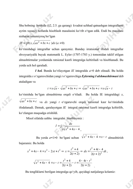 teorema. (koshi kriteriyasi) funksiya da limit funksiya ga ega bo`lib, unga tekis yaqinlashishi uchun quyidagi shartning bajarilishi zarur va yetarlidir: uchun topiladiki, , tengsizliklarni qanoatlantiruvchi hamda uchun tengsizlik bajariladi. endi parametrga bog`liq integrallarning funksional xossalarini keltiramiz. 2-teorema. agar 1) fiksirlangan uchun 2) da funksiya ga tekis yaqinlashsa, u holda (5) bo`ladi. 3-teorema. agar funksiya to`plamda uzluksiz bo`lsa, u holda funksiya kesmada uzluksiz bo`ladi. 4-teorema. aytaylik funksiya to`plamda aniqlangan va 1) fiksirlangan uchun 2) va bo`lsin. u holda kesmada mavjud va ushbu (6) tenglik o`rinli bo`ladi. 5-teorema. agar funksiya 3-teorema shartlarini qanoatlantirsa, unda integral mavjud va (7) munosabat o`rinlidir. endi umumiy ko`rinishda berilgan parametrga bog`liq integrallarni keltiramiz. faraz qilaylik, funksiyalar da aniqlangan bo`lib, uchun (8) munosabat bajarilsin. 6-teorema. funksiya ushbu to`plamda aniqlangan bo`lib, 1) 2) bo`lsin. u holda (9) funksiya ham oraliqda uzluksiz bo`ladi. 7-teorema. (leybnis formulasi) agar 1) 2) 3) va bo`lsa, u holda funksiya ham oraliqda hosilaga ega va …