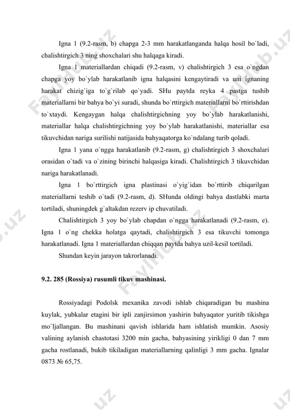 kamroq bo`rttirib chiqariladi. endi etakni bukib tikishni boshlasa bo`ladi. bahya yirikligini o`zgartirish uchun gayka 20 ni burab olib, qopqoq 21 olinadi. bahya yirikligi rostlagichining korpusi 26 dagi vint 27 bo`shatiladi, vint 24 yordamida esa korpus 26 pazi ichida polzun 25 suriladi. polzun 25 ni surayotganda u bilan birga ekstsentrik 23 asosiy val 22 ga nisbatan suriladi. asosiy val 22 bilan ekstsentrik 23 ning markazlari orasidagi masofa qancha katta bo`lsa, bahya shunchalik yiriklashadi. reyka 17 ning materialni qamrash miqdori vint 19 ni bo`shatgandan keyin, richag 18 ni vertikal surib rostlanadi. tepki 9 ning materialga bo`lgan bosimi har qaysi tepki uchun alohida-alohida rostlanadi. vint 12 burab kiritilganda prujina 11 cho`ziladi va tegishli richag materialga tepki bosimini kuchaytiradi. 9.4-rasm. ignaning bir gal sanchilishidan keyin materialni bo`rttirib yuritilgan bir ipli zanjirsimon yashirin bahyali bahyaqator. ilgari aytilganidek, bu mashinada kiyim etagini ignaning bir gal sanchilishidan keyin bukib tikib bo`ladi (9.4-rasm). igna birinchi sanchilishi 2 da …