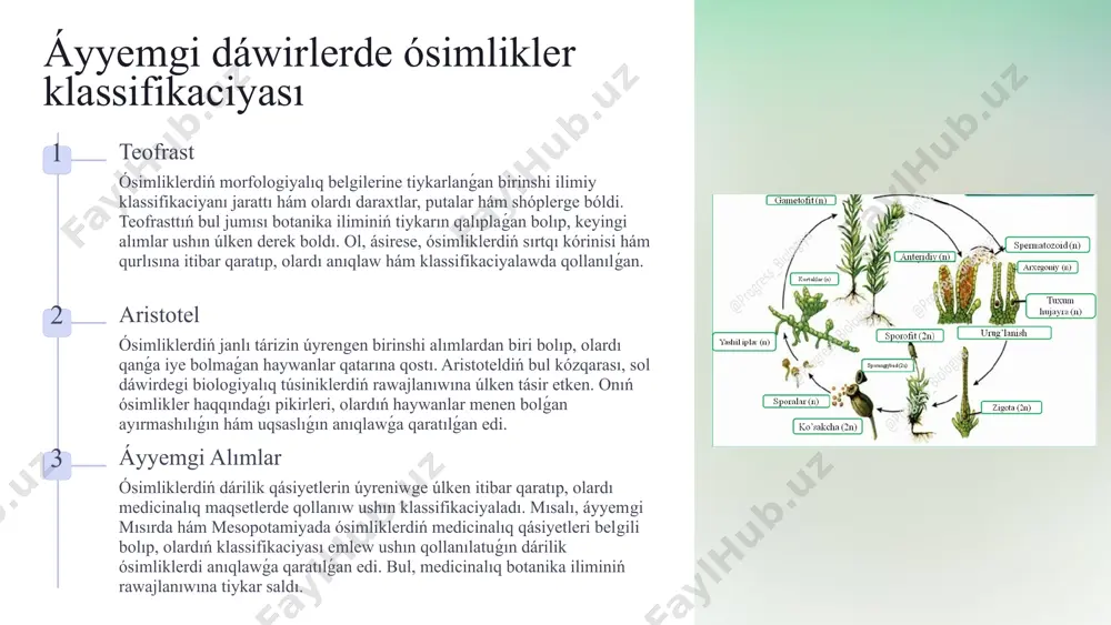 onomiyadaǵı rolı natural tanlaw procesiniń taksonomiyalıq analizge kirgiziliwi hám túrlerdiń maslasıwındaǵı áhmiyeti.natural tanlaw, organizmlerdiń ómir ushın gúreste ortalıq shártlerine jaqsıraq maslasqanlarınń jasap qalıwı hám kóbeyiwi procesi bolıp, bul taksonomiyalıq belgilerdiń payda bolıwına tásir etedi. mısalı, darwin sánjekley turaqlıǵı (вриability) gúzetilgen hám bul túr ishinde taksonomiyalıq ayırmashılıqlarǵa alıp keliwi múmkin. 2 evolyucion baylanıslardıń klassifikaciyaǵa tásiri ósimlikler ortasında evolyucion baylanıslardı esapqa alıw zárúrligi hám filogenetik dáreklerdi qollanıw.ósimliklerdiń evolyucion baylanısların anıqlaw, olardıń ata-babalarınıń qatnasların úyreniw arqalı taksonomiyalıq klassifikaciyanıń anıqlıǵın arttıradı hám filogenetik dáreklerdi esapqa alıw zárúr. bunday jantasıw, bir túrdiń ata-babası bolǵan basqa túrler menen baylanısın anıqlaw arqalı, klassifikaciyanı táriyxıy evolyuciyaǵa tiykarlaydı. 3 filogenetik klassifikaciyanıń zamanagóy taksonomiyadaǵı áhmiyeti ósimliklerdi klassifikaciyalawda olardıń ata-babalarınıń baylanısların esapqa alıw hám molekulyar genetikadáreklerden paydalanıw.filogenetik klassifikaciya, ósimliklerdiń evolyucion tariyxın hám ata-babalarınıń baylanısların esapqa alıw arqalı olardıń klassifikaciyasın dúziw procesi bolıp, bul zamanagóy taksonomiyanıń tiykarǵı principi bolıp tabıladı hám túrlerdiń evolyucion tariyxın túsiniwge járdem beredi. molekulyar genetika dárekleri, mısalı, dnk …