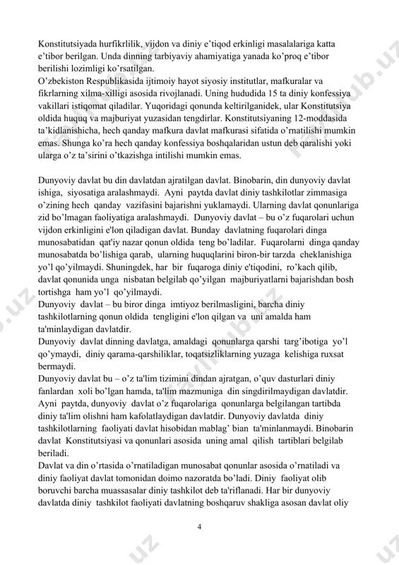 nidan keyin faoliyat ko’rsatish huquqiga ega bo’ladi. oliy va o’rta diniy o’quv yurtlarida ta’lim olish uchun fuqarolar o’zbekiston respublikasining «ta’lim to’g’risida»gi qonuniga muvofiq umumiy majburiy o’rta ta’lim olganidan keyin qabul qilinadi. diniy ta’lim beruvchilar maxsus diniy ma’lumoti bor kishilar bo’lib, bolalarni o’qitish uchun diniy boshqarmaning yoki markazning ruxsatnomasiga ega bo’lishi kerak. xususiy diniy ta’lim berishga yo’l qo’yilmaydi. bu qonun-qoidalarni buzganlar qonun oldida javobgardirlar. diniy tashkilotlar diniy ta’lim olish uchun fuqarolarni chet elga yuborishlari va chet el fuqarolarini ta’lim olish uchun qabul qilishlari mumkin. diniy tashkilot – bu ma’lum dinga ishonuvchilar va ularning jamoalarining uyushmasidir (masjid, cherkov, sinagoga, diniy o’quv yurtlari va h.k.). uni tashkil etish uchun unga bir xil e’tiqodga ega bo’lgan kamida 100 kishi a’zo bo’lishi kerak. o’zbekiston respublikasining har qanday fuqarosi 18 yoshga to’lganidan keyin ma’lum diniy jamiyatga a’zo bo’lishi mumkin. diniy tashkilotlar o’z mulklariga ega bo’ladilar. binolar, din bilan bog’liq buyumlar, ishlab chiqarish va xayriya ishlariga mo’ljallangan …