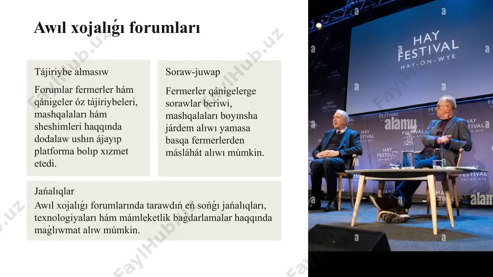 ıratuǵın jańa texnologiyalardı qollanıw yamasa tóginlerdiń optimal muǵdarın anıqlawǵa járdem beredi. bunnan tısqarı, bul fermerlerge qáwiplerdiń aldın alıw hám múmkin bolǵan zıyanlardı minimallastırıwǵa járdem beredi. 8 awıl xojalıǵı magliwmatlar bazalarına misallar: fao (food and agriculture organization): bmshtıń awıl xojalıǵı hám azıq-awqat shólkemi global awıl xojalıǵı maǵlıwmatların toplaydı hám analizleydi. awıl xojalıǵı ministrligi: kóplegen mámleketler ózleriniń awıl xojalıǵı maǵlıwmatlar bazaların jaratıp, fermerlerge hám siyasatkerlerge járdem beretuǵın analitikalıq maǵlıwmatlardı usınadı. jergilikli hám aymaqlıq platformalar: ayırım mámleketler yamasa regionlar ózleriniń awıl xojalıǵı statistikası hám analizin óz ishine algan maǵlıwmatlar bazaların islep shıǵadı. paydalanıwshılar: fermerler hám islep shıǵarıwshılar: jańa texnologiyalar hám bazar ózgerislerin baqlaw ushın. siyasatshılar: awıl xojalıǵı siyasatın islep shıǵıw hám resurslardı bólistiriwde paydalanıw. ilimiy izertlewshiler: ilimiy izertlewler alıp barıw hám innovaciyalardı rawajlandırıw ushın. investiciya shólkemleri: awıl xojalıǵına investiciya kirgiziw boyinsha analiz hám prognozlar. awıl xojalıǵı bazarların baqlaw 20% ǵawashalar bahası mısal ushın, "agronarx" saytınan paxta bahaların baqlap, sońǵı jıllardaǵı ortasha bahanıń 20% …