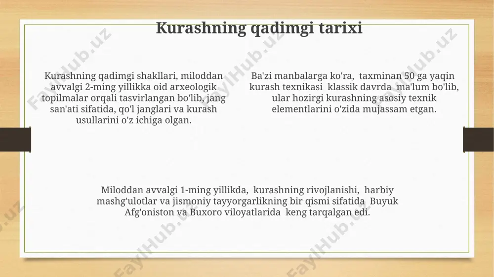 ko'tarishga yordam beradi. kurashning paralimpik dasturiga kiritilishi uchun, jismoniy imkoniyatlari cheklangan sportchilar uchun moslashtirilgan qoidalarni ishlab chiqish va 2028 yilgacha amaliyotga joriy etish bo'yicha faol ishlar olib borilmoqda. qoidalarni takomillashtirish jarayoni kurashning turli maktablari va an'analarini hisobga olgan holda, qoidalarni takomillashtirishda mutaxassislar va tajribali hakamlarning fikrlari, xalqaro federatsiyaning qarorlari va statistik ma'lumotlar muhim ahamiyat kasb etdi, bu esa 30 dan ortiq muhim o'zgarishlarni keltirib chiqardi. qoidalarni takomillashtirish jarayonida 1990-yillardan boshlab kurashning xalqaro miqyosda tan olinishi bilan birga, musobaqalarni adolatli va xavfsiz o'tkazish uchun texnik qoidalar va baholash mezonlari sezilarli darajada takomillashtirildi. 2000-yillardan boshlab, kurash qoidalari yangi texnik harakatlarni o'z ichiga olish va sportning dinamikasini oshirish maqsadida, bir necha marta qayta ko'rib chiqildi va o'zgartirildi, shu jumladan, ballar berish tizimi ham yangilandi. vazn toifalari va yosh guruhlari 1990-yillardan boshlab, kurashda yosh guruhlari (bolalar, o'smirlar, katta yoshlilar) joriy etildi va vazn toifalari soni ham o'zgartirildi, 10 dan ortiq vazn toifasi tashkil etildi. …