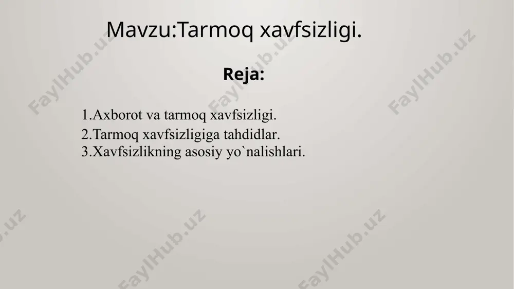sini boshqa joyga muntazam ko’chirib borish. tarmoqqa ruxsatsiz kirgan odam ma’lumotlarni o’chirib tashlashi (yoki o’zgartirishi) mumkin. parollar: parol qancha murakkab bo’lsa, ehtimoliy kombinatsiyalar miqdori shuncha ko’p bo’ladi. bu esa parolni taxmin qilish yoki terib toppish ehtimolini kamaytiradi. uyga topshiriq ofisda uchta stol kompyuteri bor. ular to’rli tarmoq topologiyasini o’rnatmoqchi. to’rli topologiyadan foydalanib ofis uchun tarmoq rejasini tuzing. image1.jpg /docprops/thumbnail.jpeg