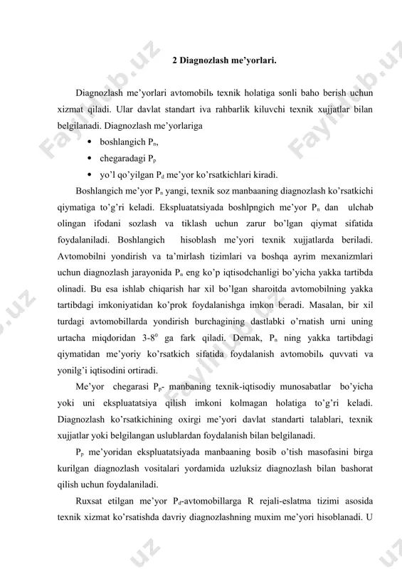 nlanadi. yo’l qo’yilgan me’yor asosida manbaa holatiga diagnostika qo’yiladi va ta’mirlash yoki sozlash zaruriyati to’g’risida xukum chiqariladi. ekspluatatsiyada yo’l kyilgan me’yor berilgan nazorat masofasi orasida manbaaning nosoz holati chegarasini shartli ravishda aniqlaydi. pd boshlangich qiymat pn va ruxsat etilgan ogish d-dan iborat bo’ladi. agar diagnozlash ko’rsatkichining joriy qiymati yo’l qo’yilgan me’yor qiymatdan chiqib ketsa, manbaa ishga yaroqli bo’lishidan kat’iy nazar uni sozlamasdan yoki ta’mirlamasdan navbatdagi davriylikka chiqarib bo’lmaydi. chunki uning tuxtab qolish extimoli yuqori va texnik-iqtisodiy ko’rsatkichiga past bo’ladi. diagnozlash ko’rsatkichlarining chizikli ifodasi (4-rasm) bo’yicha yo’l qo’yilgan me’yor chegaradagi me’yorni δp ulchamida kat’iylashtiradi. u manbaaning oldindagi nazorat masofasi oraligida tuxtamasdan ishlashini ta’minlaydi. diagnozlash ko’rsatkichining ruxsat etilgan makbul qiymatini aniqlash uslubi. texnik xujjatlarda berilgan pn miqdoriga yo’l qo’yilgan ogish miqdori dni qo’yish bilan pdni topish mumkinligi 4-rasmdagi chizmadan kurinib turibdi. u quyidagi ikki usul bilan topilishi mumkin: - diagnozlash ko’rsatkichlarini amalga oshirishni mujassamlash bilan. - texnik soz va nosoz manbaalar ko’rsatgichlari …