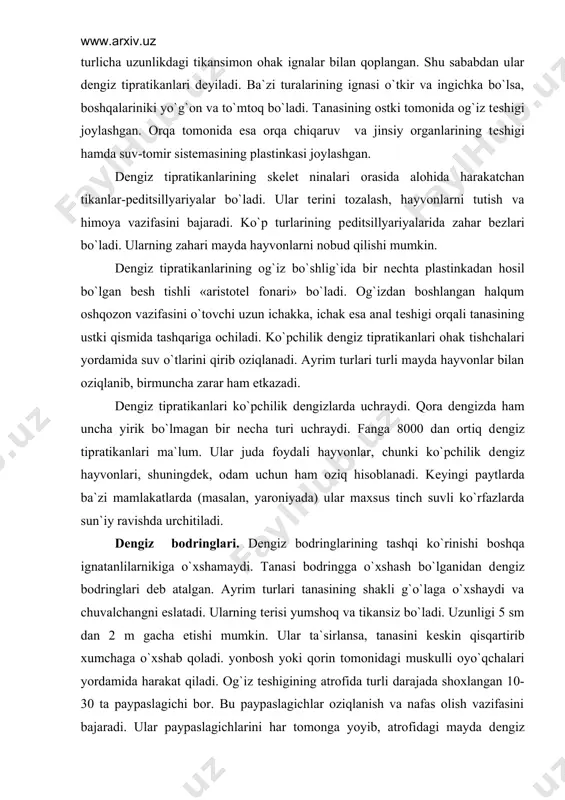 uchun ham oziq hisoblanadi. kеyingi paytlarda ba`zi mamlakatlarda (masalan, yaroniyada) ular maxsus tinch suvli ko`rfazlarda sun`iy ravishda urchitiladi. dеngiz bodringlari. dеngiz bodringlarining tashqi ko`rinishi boshqa ignatanlilarnikiga o`xshamaydi. tanasi bodringga o`xshash bo`lganidan dеngiz bodringlari dеb atalgan. ayrim turlari tanasining shakli g`o`laga o`xshaydi va chuvalchangni eslatadi. ularning tеrisi yumshoq va tikansiz bo`ladi. uzunligi 5 sm dan 2 m gacha еtishi mumkin. ular ta`sirlansa, tanasini kеskin qisqartirib xumchaga o`xshab qoladi. yonbosh yoki qorin tomonidagi muskulli oyo`qchalari yordamida harakat qiladi. og`iz tеshigining atrofida turli darajada shoxlangan 10-30 ta paypaslagichi bor. bu paypaslagichlar oziqlanish va nafas olish vazifasini bajaradi. ular paypaslagichlarini har tomonga yoyib, atrofidagi mayda dеngiz hayvonlarini yopishtirib oladi. so`ngra ularni og`ziga solib, navbatma-navbat so`radi. ko`pchilik dеngiz bodringlarining tanasi bo`ylab ikki qator joylashgan bеsh juft ancha uzun muskulli oyo`qchalarini ko`rish mumkin. anal tеshigi tanasining kеyingi uchida, ya`ni og`iz tеshigining qarama-qarshisida joylashgan. ularning tеri paypaslagichlari va muskulli oyo`qchalari sеzgi vazifasini ham bajaradi. dеngiz bodringlarining orqa …