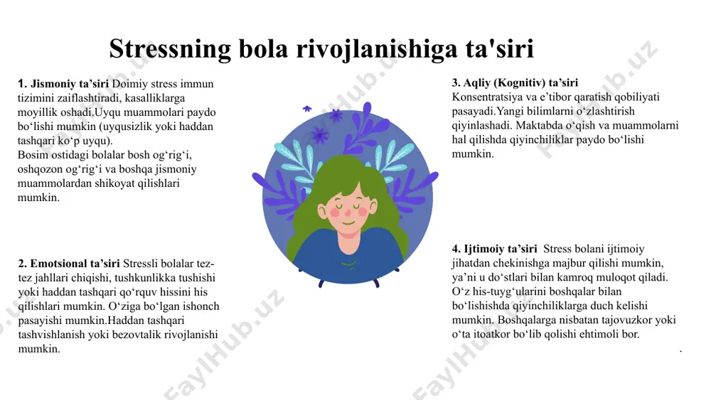 osabatni saqlashni unutmang. samarali muloqotni osonlashtirish uchun stressli bolalar bilan ishonchni o'rnatish va kuchli hissiy aloqa o'rnatish muhimdir. empatiya, tushunish va sabr-toqatni namoyon qilish orqali siz ularga eshitilgan va qo'llab-quvvatlanayotganini his qilishlariga yordam bera olasiz. yosh bolalarda charchashning oldini olish bolalardagi stress yoshligida charchashga olib kelishi mumkin. belgilarni erta aniqlash va yordam ko'rsatish ularning hissiy farovonligiga uzoq muddatli zarar etkazilishining oldini olishda juda muhimdir. bolalar bilan ularning his-tuyg'ulari haqida ochiq muloqotni rag'batlantirish va ular o'zlarini ifoda etishlari uchun xavfsiz muhit yaratish stressni engillashtirishga va qiyinchiliklarga qarshi turishda chidamlilikni oshirishga yordam beradi. ochiq havodagi mashg'ulotlar, ijodiy vositalar va dam olish usullari kabi sog'lom kurashish mexanizmlarini targ'ib qilish bolalarni stressni samarali boshqarish va charchashning oldini olish uchun vositalar bilan jihozlashi mumkin. 2 1 3 stressli bolalarda ijobiy kurash mexanizmlarini targ'ib qilish bolalardagi stress ularning umumiy farovonligiga salbiy ta'sir ko'rsatishi mumkin bo'lgan keng tarqalgan muammodir. ularga qiyin vaziyatlardan o'tishga yordam beradigan ijobiy kurash …