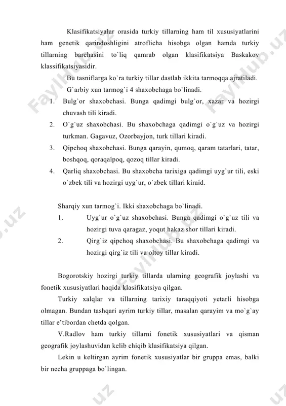 hamda yangi xususiyatlarini hosil bo`lish jihatidan barcha turkiy tillarni 4 guruhga bo`ladi. 1. eng qadimgi tillar 2. qadimgi tillar 3. yangi tillar 4. eng yangi tillar. l.bensing va k.menges klasifikatsiyalarida turkiy tillarning til xususiyatlaridan tashqari ularning tarixiy taraqqiyot protsessi ham hisobga olingan. samolovich esa turkiy tillarni tasnif qilishda fonetik prinsipga asoslanadi. u turkiy tillarni 6 guruhga bo`lgan. 1. r guruhi – bu tillarda qadimgi turkiy tildagi z va keyinchalik y ga o`tgan tovush r tovushi bilan aytiladi. azaq-ayaq 2. d guruhi – bu tillarda z tovushi d tovushi bilan aytiladi. bu guruhga uyg`ur, tuva, qaragaz, salor tillari umuman uyg`ur va shimoliy sharqiy turkiy tillar kiradi. 3. tau guruhi – bu tillarga tog` so`zi tau tarzida aytiladi. bu guruhga oltoy, qirg`iz, qumuq, qarachay, balqor yoki umuman shimoliy g`arbiy turkiy tillar kiradi. 4. tag`liq guruhi – bunda eski o`zbek tili, hozirgi uyg`ur va janubiy sharqiy turkiy tillar kiradi. 5. tag`liq guruhi – …