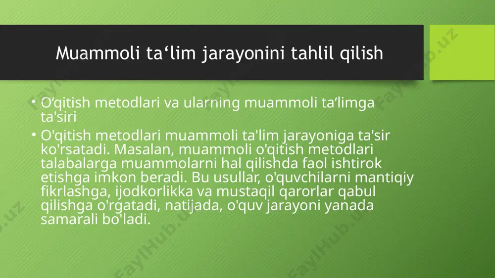 ish, o‘quvchilar o‘rtasida muvofiqlikni ta'minlash va resurslar bilan ta'minlashni o‘z ichiga oladi. o‘quvchilarning tayyorgarlik darajalari o‘quvchilarning muammoli ta‘limga tayyorgarlik darajalari uchta asosiy darajaga bo‘linadi: yuqori, o‘rta va past. yuqori darajadagi o‘quvchilar muammolarni tezda hal qilishga qodir va ijodiy fikrlash ko‘nikmalariga ega. o‘rta darajadagi o‘quvchilar muammolarni hal qilishda ko‘makka muhtoj bo‘lishi mumkin, lekin ular asosiy kontseptlarni tushunishadi. past darajadagi o‘quvchilar esa muammolarni hal qilishda qiyinchiliklarga duch keladilar va ko‘pincha ko‘rsatmalarga muhtojdirlar. o‘quvchilarning tayyorgarlik darajalarini baholash muammoli ta‘lim jarayonining samaradorligini oshirishda muhim ahamiyatga ega. o‘qituvchilar o‘quvchilarning tayyorgarlik darajalarini bilish orqali, ta‘lim strategiyalarini moslashtirish va har bir o‘quvchining ehtiyojlariga muvofiq yordam ko‘rsatishi mumkin. bu, o‘quvchilarning muammoli ta‘limga bo‘lgan munosabatini yaxshilaydi va ularning ishtirokini oshiradi. o‘qituvchilarning roli o‘qituvchilarning muammoli ta‘limda o‘quvchilarga tayyorgarlik berishdagi roli juda muhimdir. o‘qituvchilar o‘quvchilarga mustaqil fikrlash, muammolarni hal qilish va jamoada ishlash ko‘nikmalarini rivojlantirishda yordam berishlari zarur. ular o‘quvchilarga o‘qitish jarayonida faol ishtirok etishlariga, o‘z fikrlarini erkin ifoda etishlariga va …