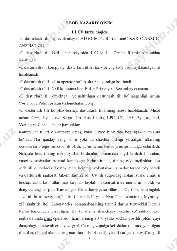 nktsional, umumiy, ob`ektga yo`naltirilgann (sinfga asoslangan) va komponentlarga yo`naltirilgan dasturlash fanlarni o`z ichiga olgan umumiy maqsadli, ko`p paradigmali dasturlash tili. u 1998-2001-yilda microsoft kompaniyasi dasturchilari anderson xeylsberg va skot.v lar tomonidan .net tashabbusi doirasida ishlab chiqilganva keyinchalik ecma (ecma-334) va iso (iso/ies23270:2018) tomonidan xalqaro standart sifatida tasdiqlangan. hozirgi kunda c# dasturlash tili yuqori bosqichli dasturlash tillari ichida eng samarali dasturlash tillaridan hisoblanadi. c# dasturlash tilida dastur tuzish uchun visual studio .net muhitidan foydalanamiz. c# dasturlash tili obektga mo’ljallangan dasturlash tili hisoblanadi. visual studio.net sistemasida dasturni kompilyatsiya qilish va bajarishning bir necha usuli bor. ko’p hollarda dasturchilar dasturni alohida kompilyatsiya qilib bir nechta klavishalar kombinatsiyalari orqali ishlatishga o’rganishgan. c# da dasturlashning asosiy qismi: c# sistemasi asosan quyidagi qismlardan iborat. bular dasturni yozish redaktori, c# tili va standart kutubxonalardir. c# dasturi ma'lum bir fazalardan o'tadi. birinchisi dasturni yozish va tahrirlash, ikkinchisi preprosessor amallarini bajarish, kompilyatsiya, kutubhonalardagi ob'ekt va funksiyalarni dastur bilan bog'lash …