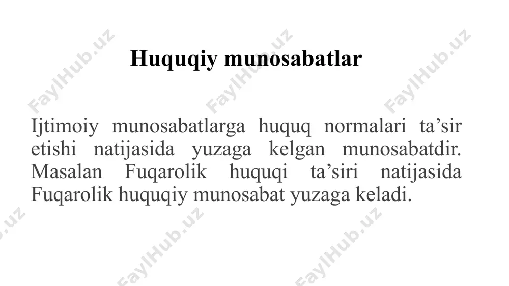vujudga keladigan munosabat. huquq normasi bilan huquqiy munosabat o'rtasida uzviy bog’liqlik mavjud. hayotda faqat yuridik normalarda nazarda tutilgan huquqiy munosabatlargina mavjud. kishilar o’rtasidagi muayyan munosabatlarga huquqiy norma qo’llanilgach, ular huquqiy munosabatlarga aylanadi. v) huquqiy munosabat – bu kishilarning o'zaro subektiv huquqlar va yuridik majburiyatlar vositasidagi aloqalaridir. bu huquq normalari bilan mustahkamlangan huquq va majburiyatlar orqali amalga oshadigan aloqadir. subektiv huquq egasi – huquqdor, vakolatli shaxs; yuridik majburiyatlar egasi – majburiyat o’tovchi shaxsdir. har qanday huquqiy munosabatda huquq egasi va uning qarshisida majburiyat egasi mavjud bo’ladi. g) huquqiy munosabat – irodaviy munosabatdir. ma’lumki, huquqiy normalarda davlat irodasi ifoda etiladi. shu bilan birga huquqiy munosabat vujudga kelishi uchun uni ishtirokchilarining ham istagi, xohishi talab qilinadi. masalan, nikohga kirayotgan har ikki tomon o’z xohishini bildirishi lozim yoki oldi-sotti munosabati sotuvchi bilan xaridorning xohish-irodasi tufayligina amalga oshishi mumkin. ba’zi huquqiy munosabatlarda bir tomon irodani bayon etsa, yetarli hisoblanadi. bunday huquqiy munosabatlar, masalan, ma’muriy ishlar …