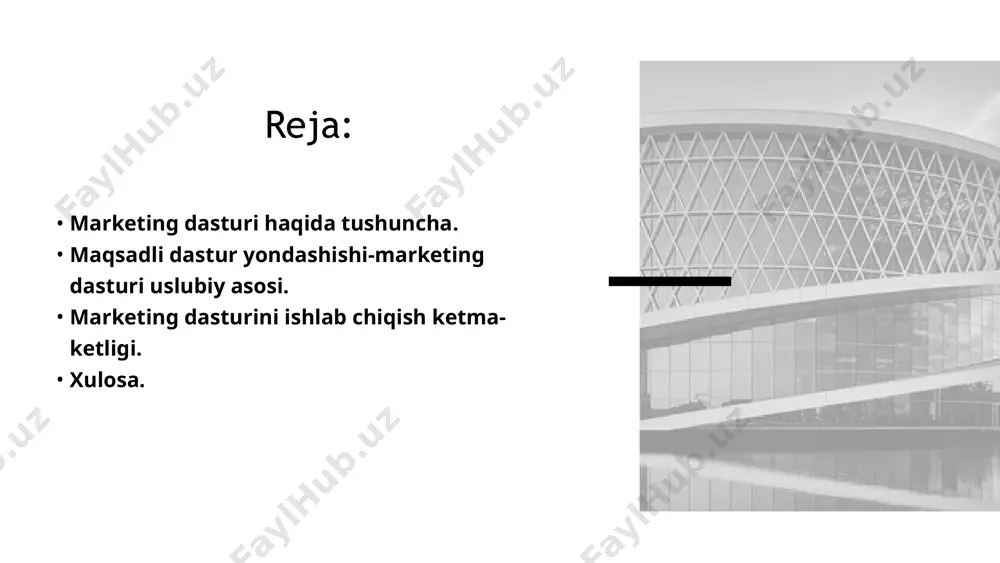 aqsimot kommuni katsiyalar marketing majmui elementlarining bir-biriga bog‘liqligi marketing dasturining shakllanishi marketing ishlab chiqarish ketma ketligi 1 tovarlar siyosatini hisobga olgan holda chiqarilayotgan mahsulotni zaruriy nomenklaturasini aniqlash; 2 innovatsiya bo‘yicha qarorni asoslash; 3 chiqarilayotgan mahsulot sifati va texnik darajasini oshirish bo‘yichaqaror qabul qilish; 4 tovar ishlab chiqarish tuzilishida har bir mahsulot ulushini o‘rnatish; 5 ishlab chiqarishni ustivor yo‘nalishlari bo‘yicha xarajatlarni umumiyhajmi va ularni tuzilishini hisoblash; marketing dasturi bu korxonani umumxo‘jalik faoliyatini direktiv rejasini tuzish uchun strategik tavsiyanomadir va yuqori boshqarish bo‘g‘ini uchun qaror qabul qilishni asosidir xizmatni tuzilishiga binoan marketing dasturini va rejasini bir necha varinatlari: ikki yoki uch, ya’ni minimal, optimal va maksimal turlari bo‘ladi. marketing dasturlarini ishlab chiqishda maqsadli yondashish uslubiga asosan korxonaning mo‘ljallangan maqsadiga erishish va uni bajarilishini nazorat qilish resurslari va tadbirlari tizimi shakllantiriladi. foydalanildi: g o o g l e . c o m w i k i p e d i a k i …
