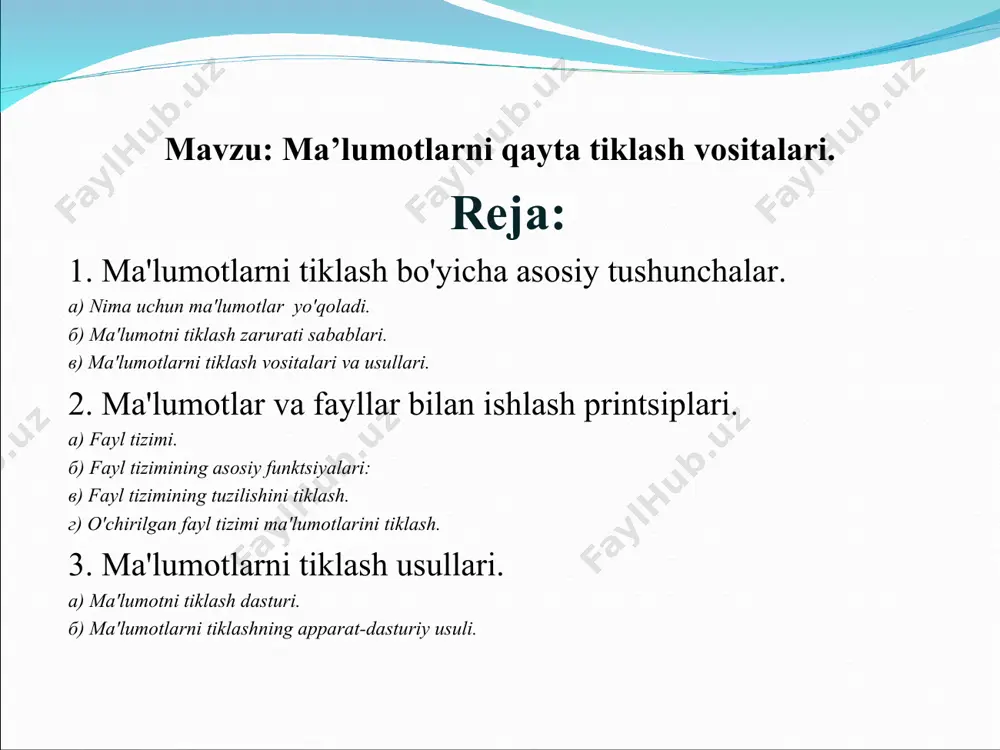 vchi fayllari va papkalar; foydalanuvchi tomonidan kompyuterga o'rnatilgan amaliy dasturlar; tizim fayllari (kengaytmalar, exe, bat, com bilan ishlaydigan fayllar va papkalar bilan birga). 6 ma'lumotni tiklash zarurati sabablari * qayta tiklash zarurati axborot vositalarida yoki dasturiy ta'minot buzilganida yoki ma'lumotlar fayllari faqat o'chirilgan deb belgilangan bo'lsa, lekin ular qayta yozilguncha saqlanishda davom etishi mumkin. ma'lumotni tiklash zaruriyatining ba'zi keng tarqalgan sabablari jadvalda keltirilgan: 7 tashuvchi tip tashkilotlarda ma'lumotlarning buzilishi fizik zararlanish disketa ma'lumot yozishda apparat / dasturiy xatolar tufayli, tasodifiy o'chirish diagnetizatsiya, tirnalish, sirtning ifloslanishi kompakt disk ma'lumot yozishda apparat / dasturiy xatolar tufayli shaffof, yozuv yoki aks ettiruvchi qatlamning buzilishi / parchalanishi flash qurilmani noto'g'ri olib tashlash, ruxsatsiz formatlash, tasodifiy o'chirish plataning sinishi, kontaktlarning yo'q qilinishi, quvvat stabilizatorlarining yonishi, kontrollerlarning yonishi. qattiq disk ruxsatsiz formatlash, tasodifiy o'chirish, xizmat ma'lumotlari (qattiq diskka xizmat ko'rsatish sohasi) va fayllar va papkalarning joylashuvi (mft maydoni) to'g'risidagi ma'lumotlarni o'z ichiga olgan tarmoqlarga zarar etkazish. …