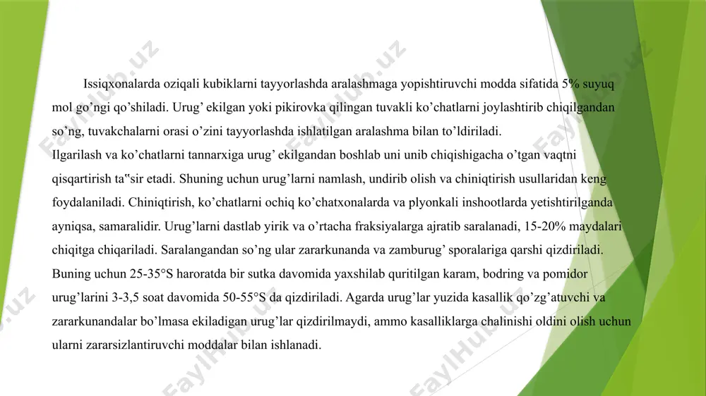 namligi kamaytiriladi. bu ko’chatlarni qurg’oqchilikka chidamliligini oshirishga imkon beradi. namlik xuddi havo harorati singari shamollatish orqali kamaytiriladi, sug’orish orqali esa oshiriladi. shamollatish nafaqat harorat va havo namligini kamaytiradi, balki uni harakat qilishini ham ta‟minlaydi, bu esa to’qimalarni mexanik pishiq va qayishqoq qiladi. ekishga tayyor ko’chat sog’lom, yaxshi chiniqtirilgan, kattaligi bir xil, poyasi to’g’ri, so’lish belgilarisiz bo’lishi kerak. ko’chatning kattaligi: ilidiz bo’g’imidan to barglar oxirigacha 20-25 sm (kamida 15 sm) barglar soni karamda 5-7, pomidorda 6-8, bodring va boshqa qovoqdoshlarda 3-5 ta bo’lishi kerak. poyaning yo’g’onlgi karamda 4-5, pomidorda 6 mm. mexanik xususiyati qayishqoq, ko’chat tarkibida namlik 87-92% bo’ladi. saralab olishda ildiz tizimini mumkin qadar saqlab qolishga erishish ko’chatning yaxshi tutib ketishiga olib keladi. ko’chat tayyorlashda oziq kubiklari parchalanmasligi kerak. tuvaksiz ko’chat albatta tuprog’i bilan olinishi kerak. dalada qo’shimcha oziqlantirish sonini kamaytirish uchun sug’oriladigan suv bilan mineral o’g’itlar beriladi. tuvaksiz ko’chat saralab olinishidan 2-3 soat oldin takror sug’oriladi. himoyalangan yerning yuza …