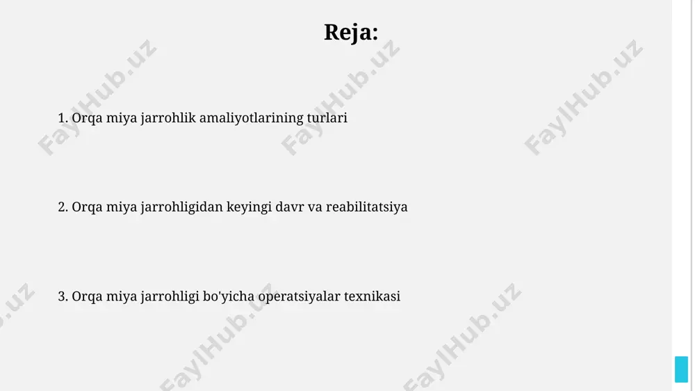 ida, masalan, osteoporotik sinishlarda yoki o'murtqa kanalning torayishida, 5-7 mm diametrdagi stentlar yordamida o'murtqa kanalni kengaytirishni o'z ichiga oladi. mumkin bo'lgan xatarlar va asoratlar orqa miya jarrohligi infektsiyani, taxminan 1-5% hollarda kuzatiladigan meningit yoki abstsess kabi jiddiy asoratlarni keltirib chiqarishi mumkin. qon ketish xavfi, ayniqsa, katta qon tomirlariga yaqin operatsiyalar paytida, 5% dan yuqori bo'lishi mumkin va bu gematoma hosil bo'lishiga olib kelishi mumkin. jarrohlikka tayyorgarlik bosqichlari bemorga operatsiyadan oldin 8-12 soat davomida ovqat va ichimliklarni iste'mol qilishdan voz kechish kerak, shuningdek, operatsiyadan oldin 1-2 kun davomida ba'zi dorilarni qabul qilishni to'xtatish tavsiya etiladi. jarrohlikka tayyorgarlikning birinchi bosqichi bemorning to'liq tekshiruvini, shu jumladan mrt va kt tekshiruvlarini, shuningdek, 2-3 kunlik qon va siydik tahlillarini o'z ichiga oladi. orqa miya travmalari operatsiyalari orqa miya travmalari operatsiyalari natijasida bemorlarning 70% gacha bo'lgan qismida og'riq sindromi sezilarli darajada kamayadi yoki butunlay yo'qoladi, bu esa umurtqa pog'onasining barqarorligini ta'minlash orqali erishiladi. spinal fusio jarayonida, …