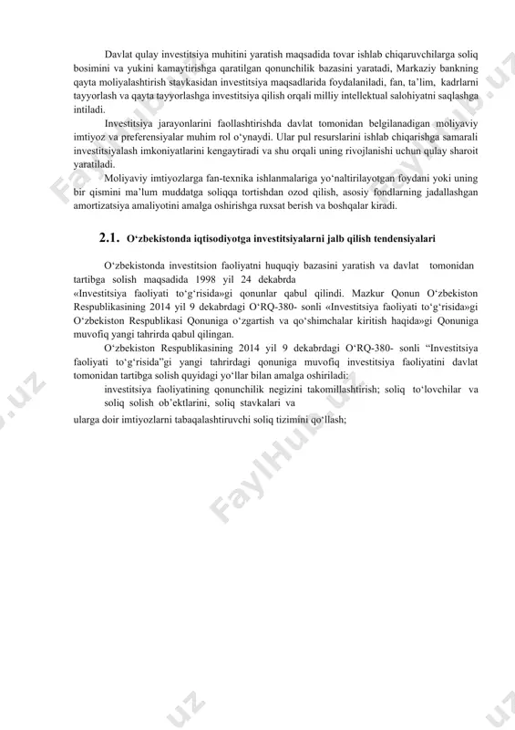 majmui hisoblanadi. investitsion muhit mamlakat iqtisodiyotida xorijiy investitsiyalarning samarali aylanishi uchun zarur bo‘lgan shart- sharoitlar kompleksi hamdir. davlat qulay investitsiya muhitini yaratish maqsadida tovar ishlab chiqaruvchilarga soliq bosimini va yukini kamaytirishga qaratilgan qonunchilik bazasini yaratadi, markaziy bankning qayta moliyalashtirish stavkasidan investitsiya maqsadlarida foydalaniladi, fan, ta’lim, kadrlarni tayyorlash va qayta tayyorlashga investitsiya qilish orqali milliy intellektual salohiyatni saqlashga intiladi. investitsiya jarayonlarini faollashtirishda davlat tomonidan belgilanadigan moliyaviy imtiyoz va preferensiyalar muhim rol o‘ynaydi. ular pul resurslarini ishlab chiqarishga samarali investitsiyalash imkoniyatlarini kengaytiradi va shu orqali uning rivojlanishi uchun qulay sharoit yaratiladi. moliyaviy imtiyozlarga fan-texnika ishlanmalariga yo‘naltirilayotgan foydani yoki uning bir qismini ma’lum muddatga soliqqa tortishdan ozod qilish, asosiy fondlarning jadallashgan amortizatsiya amaliyotini amalga oshirishga ruxsat berish va boshqalar kiradi. 2.1. o‘zbekistonda iqtisodiyotga investitsiyalarni jalb qilish tendensiyalari o‘zbekistonda investitsion faoliyatni huquqiy bazasini yaratish va davlat tomonidan tartibga solish maqsadida 1998 yil 24 dekabrda «investitsiya faoliyati to‘g‘risida»gi qonunlar qabul qilindi. mazkur qonun o‘zbekiston respublikasining …