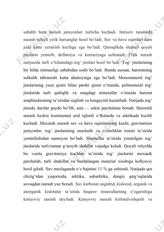 da oltin, platina, kassiterit, titanli temitosh, sirkon, monasit, qimmatbaho toshlarning sochilma konlari bogʻliq. nurash jarayonlari ikki asosiy turga bo'linadi: mexanik va kimyoviy. 1. mexanik nurash - bu jarayon materiallarning fizik kuchlar ta'sirida parchalangan yoki maydalangan holatidir. bu jarayon ko'pincha yashil o'simliklar, qo'ziqorinlar va boshqa organizmlar tomonidan bo'sh joy yaratish uchun ishlatiladi. masalan, yerda joylashgan tosh va tuproq mexanik kuchlar yordamida bo'shashadi va parchalanadi. 2. kimyoviy nurash - bu jarayon kimyoviy reaktsiyalar orqali sodir bo'ladi. oziq moddalar kimyoviy manevralar orqali parchalanadi va yangi birikmalarga aylanadi. bu jarayonlar odatda fermentlar va turli kimyoviy moddalarning ishtirokida yuz beradi. masalan, oziq moddalar sog'lom asosiy xavflardan qayta ishlanayotganda kimyoviy nurash sodir bo'ladi.ikkala jarayon ham ekologik tizimlarda muhim rol o'ynaydi, chunki ular tabiiy resurslar va oziq moddalarning tuganmas tsiklini ta'minlaydi. yer yuzasidagi fizik-kimyoviy va organik jarayonlar ta’sirida tog‘ jinslarini tarkib va holatini o‘zgarib, parchalanishiga-nurash jarayoni deb ataladi. sanalgan omillarga ko‘ra nurashning quyidagi turlari bor; fizikaviy, kimyoviy, …