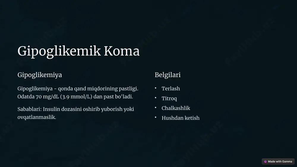 ari 1 suyuqlikni tiklash vena ichiga suyuqlik yuborish. 2 insulin terapiyasi qand miqdorini kamaytirish uchun insulin yuborish. 3 elektrolitlarni muvozanatlash elektrolitlarning muvozanatini tiklash. 12 komalarning differentsial diagnostikasi farqlar gipoglikemik, ketoatsidotik va giperglikemik komalarning asosiy farqlari. boshqa sabablar boshqa komaga olib keluvchi sabablarni istisno qilish (insult, bosh miya jarohati, zaharlanish). 13 komalarning oldini olish 1 nazorat insulinni to'g'ri qabul qilish, ovqatlanish rejimiga rioya qilish. 2 sog'lom turmush jismoniy faollik va stressni boshqarish. 3 ta'lim bemorlar va ularning oilalarini o'qitish. 14 xulosa hayot uchun xavfli komalarning xavfi koma hayot uchun xavfli holat. asoratlarning oldini olish erta tashxis erta tashxis va davolash asoratlarning oldini olishga yordam beradi. 15 image1.png image2.png image3.png image4.png image5.png image6.png image7.png image8.png image9.png image10.png image11.png image12.png image13.png image14.png image15.png image16.png image17.png image18.png image19.png image20.png