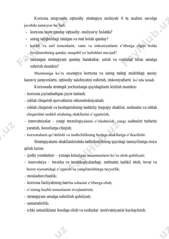 va boshqarishning tashkiliy huquqiy shaklini, mehnatni va ishlab chiqarishni tashkil etishning shakllarini o‘zgartirish; – innovatsiyalar – yangi texnologiyalarni o‘zlashtirish, yangi mahsulot turlarini yaratish, bozorlarga chiqish; – korxonalarni qo‘shilishi va mulkchilikning boshqa shakllariga o‘tkazilishi. strategiyalarni shakllantirishda tadbirkorlikning quyidagi tamoyillariga rioya qilish lozim: – ijodiy yondashuv – yuzaga keladigan muammolarni ko‘ra olish qobiliyati; – innovatsiya – texnika va texnologiyalardagi, mehnatni tashkil etish, tovar va bozor siyosatidagi o‘zgarish va yangilanishlarga tayyorlik; – moslashuvchanlik; – korxona faoliyatining barcha sohasini e‘tiborga olish; – o‘zining kuchli tomonlarini rivojlantirish; – strategiyani amalga oshirilish qobiliyati; – samaradorlik; – ichki ustunliklarni hisobga olish va xodimlar motivatsiyasini kuchaytirish. 12.2.taktik va strategik rejalarni ishlab chiqish jarayonlarini tashkil qilish strategik rejalar asosiy 2 turga ajratiladi: – hujumkor; – himoyalanuvchi. 12.1-chizma. hujumkor strategiya. korxonaning iqtisodiy strategiyasini ishlab chiqish bosqichlarini quyidagicha izohlash mumkin. yangi g’oyalarni shakllantirish korxonamissi yasi maqsad tashqi muhitni baholash swot tahlili korxonaning iqtisodiy natijalari nazorati strategiyani ijtimoiy– iqtisodiy baholash strategiya strategiyania …