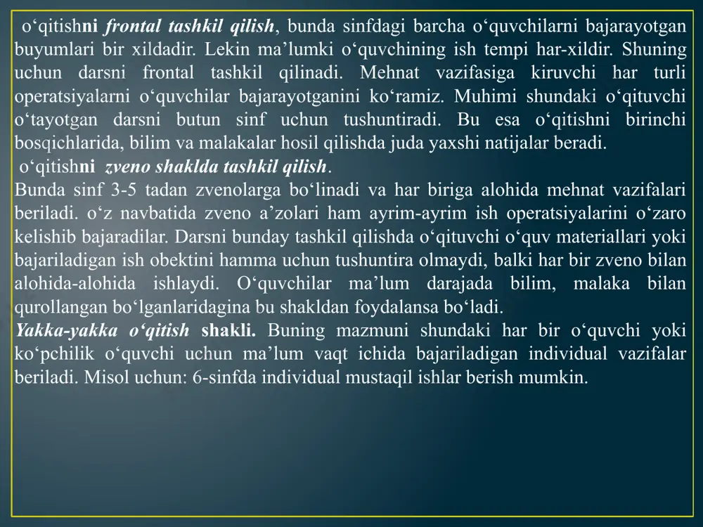 ejida o‘quv ishini to‘g‘ri tashkil qilish o‘quvchilarning dasturda ko‘zda tutilgan o‘quv materialini tizimli o‘rganish va puxta o‘zlashtirish hamda tarbiyalashga sharoit yaratadi. kasb-hunar kolleji o‘quvchilarining o‘quv va ishlab chiqarish faoliyati turli tashkiliy shakllarda kechadi. kasb-hunar ta’limining tashkiliy shakllari deganda o‘quv-ishlab chiqarish faoliyati uchun o‘quvchilar jamoasini tashkil etish yo‘llari, bu faoliyatga rahbarlik qilish shakllari, shuningdek o‘quv mashg‘ulotlarning tarkibi tushuniladi. kasb-hunar ta’limining u yoki bu shaklini tanlashda o‘quvchilarni kasbiy bilim, ko‘nikma va malakalar bilan qurollantirish jarayonida ularning mutlaq maqsadi va yaqin vazifalari, mazmun hamda metodlari, shuningdek, moddiy sharoitini belgilaydigan asosiy faktor (ko‘rsatkich)larini u yoki bu shakllariga bog‘liq. nazariy mashg‘ulotlar davomida dastur mavzularining mazmuni yoritiladi, kasbiy ta’lim-tarbiyaning maqsad va vazifasi amalga oshiriladi. nazariy mashg‘ulotlar deganda mashg‘ulotning ham jamoa, ham individual(yakka tartibda) turini o‘z ichiga olgan, kasb ta’limi o‘qituvchisining rahbarligida o‘quv materialini faol, to‘g‘ri va ongli o‘zlashtirilishini ko‘zda tutgan o‘quv-mehnat faoliyatining aniq tashkil qilinishi tushuniladi. kasbga oid nazariy mashg‘ulotlar turli tipda, ya’ni mashg‘ulotlar yangi texnika-texnologiya …