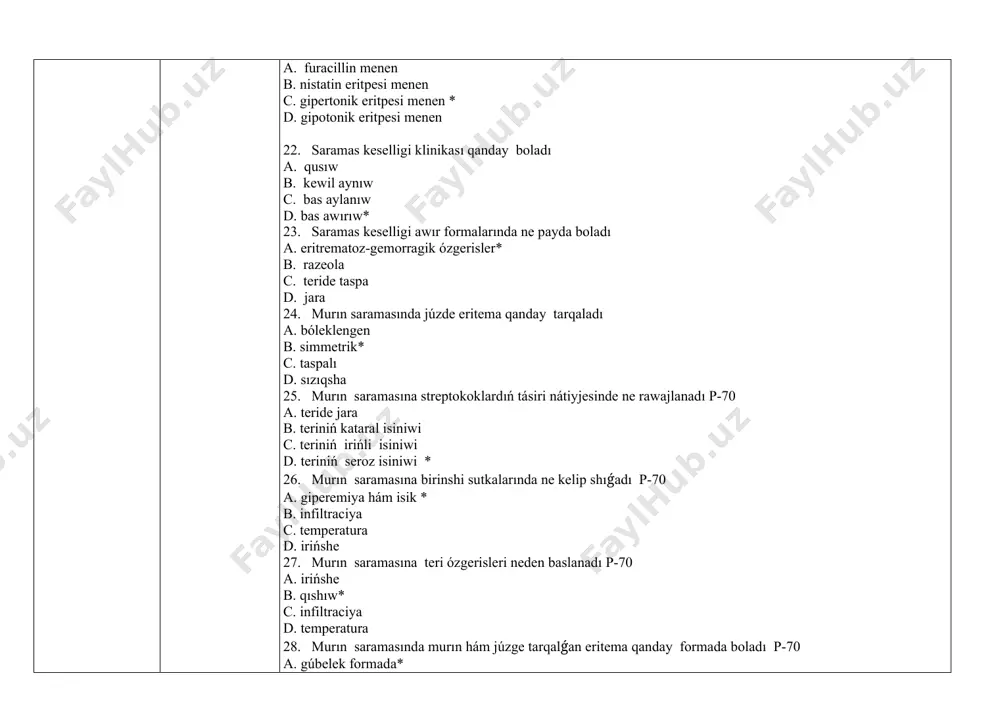 rińli ajralma c. irińli ajralma d. giperemiya 41. ótkir rinittiń ekinshi stadiyasında transsudata ne anıqlanadı p-137 a. natriy xlor hám ammiak* b. kaliy hám natriy c. elektrolitler d. ionlar 42. ótkir rinittiń úshinshi stadiyası ne menen xarakterlenedi p-138 a. suwlı suyıqlıq payda bolıwı b.qoyıw silekey-irińli ajralmanıń payda bolıwı * c. giperemiya d. murın qurǵawı 43. organizm reaktivlgi jaqsı bolǵanda hám adekvat emlengende ótkir rinit qansha waqıt dawam etedi p-138 a.1-2 kún b. 3-4 kún c. 2-3 kún * d. 4-5 kún 44. immuniteti tómen bolǵanda ótkir rinit qansha waqıt dawam etedi p-138 a. 3-4 hápte * b. 1-2 hápte c. 2-5 kún d.1-3 kún 45. ótkir rinittiń 2 stadiyası qansha waqıt dawam etedi? p-138 a.1-2 sutka b. 4-5 kún* c. 7-10 kún d.3-4 sutka 46. ótkir rinittiń 3 stadiyası qansha waqıt dawam etedi? p-138 a.1-2 sutka b. 4-5 kún c. 7-10 kún* d.3-4 sutka 47. ótkir rinit penen kesellengennen soń …