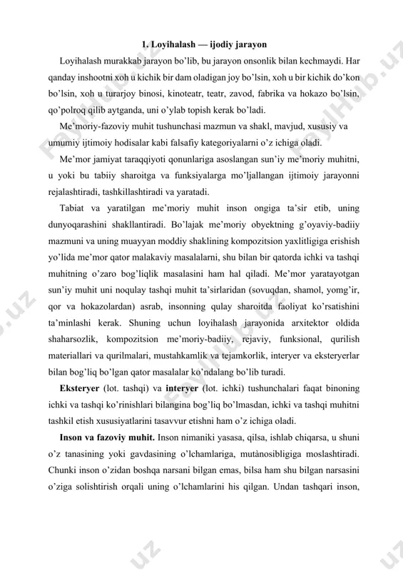 o’z tanasining yoki gavdasining o’lchamlariga, mutànosibligiga moslashtiradi. chunki inson o’zidan boshqa narsani bilgan emas, bilsa ham shu bilgan narsasini o’ziga solishtirish orqali uning o’lchamlarini his qilgan. undan tashqari inson, albatta, nimaniki qilsa, u o’zining sharoitini yaxshilash, qulaylik yaratish, mehnatini onsonlashtirish uchun harakat qilgan. inson tanasining mutanosibligi bilan rassom va me’morlar qadimgi misrdayoq qiziqishni boshlaganlar. buyuk me’mor-usta le korbyuze bizning davrimizda mutanosiblik tizimini ishlab chiqdi. ya’ni, bu tizim oltin kesma (çîëîòîe ñe÷eíèe) prinsipiga asoslangan. le korbyuze «modulor» deb nomlangan bu tizimdan imoratlarni loyihalashda foydalangan. demak, 2-kursda talaba ilk bor mustaqil loyihalashga qadam qo’yar ekan, u albatta yuqorida aytilgan tizimdan foydalana bilishi kerak. insonning inshootning, xonaning o’lchamlariga, shakliga ta’siri va shundan kelib chiqqan qonun-qoidalardan ayrimlarini misol tariqasida keltiramiz. insonning gavdasi, tana a’zolari tuzilishi va o’lchamlaridan kelib chiqadigan inshootlarning ba’zi unsurlari, o’lchamlariga e’tibor beraylik. agar zinaning eni 30 sm, balandligi 15 sm qilib olinsa, odam zinadan chiqib-tushishi oson bo’ladi. eshikning eni 60 sm …
