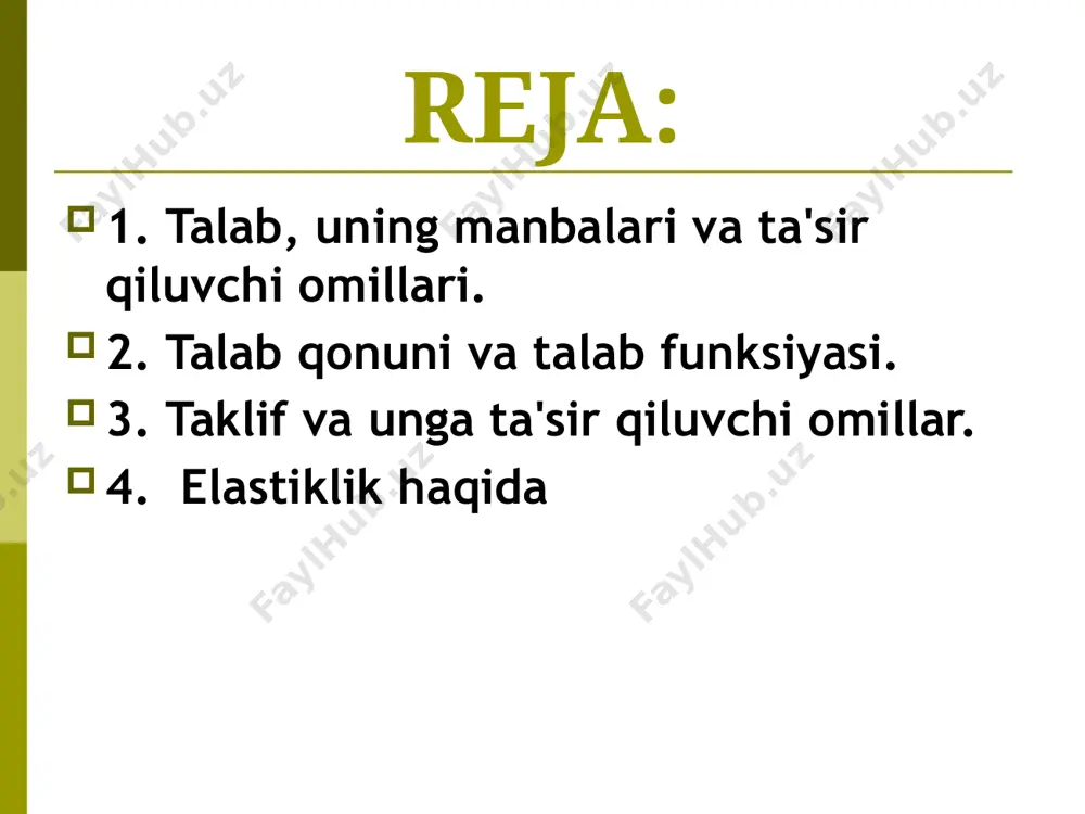 an va taklif qilingan mahsulot hajmi ko‘rsatilgan. taklif chizig‘i (supply) qancha miqdorda va qanaqa ishlab chiqarish narxida tovarning bozorda sotilishi mumkinligini ko‘rsatadi. taklif chizig‘i qancha yuqoriga ko‘tarilsa, shuncha narx yuqori bo‘ladi va shunga ko‘p firmalar mahsulot ishlab chiqarib, sotish imkoniyatiga ega bo‘ladilar. s p p1 q q2 q0 q1 e d p0 p2 ortiqcha mahsulot taqchillik talab va taklif chiziqlari yuqori narx, mavjud firmalarni ishlab chiqarishni kengaytirishga da'vat etadi, bozorga yangi firmalarni o‘z mahsuloti bilan kirib kelishini ta'minlaydi, ular ishlab chiqargan yuqori xarajatli rentabel bo‘lmagan mahsulotlari yuqori narxda rentabel bo‘ladi. bunday holda, firmalarda ishlab chiqarishning kengayishi qisqa vaqt oralig‘ida intensiv bo‘lsa, uzoq muddatda esa ekstensiv amalga oshiriladi. talab chizig‘i (demand) iste'molchilarning berilgan narxlarda qancha miqdorda mahsulot sotib olish mumkinligini bildiradi. talab chizig‘ining pastga ketishi, iste'molchilarning narx qancha past bo‘lsa, ular shuncha ko‘p mahsulot sotib olishini anglatadi. past narxlar, xaridorlarga yanada ko‘proq miqdorda tovarlar sotib olishiga hamda ilgari sotib olaolmayotgan iste'molchilarga …