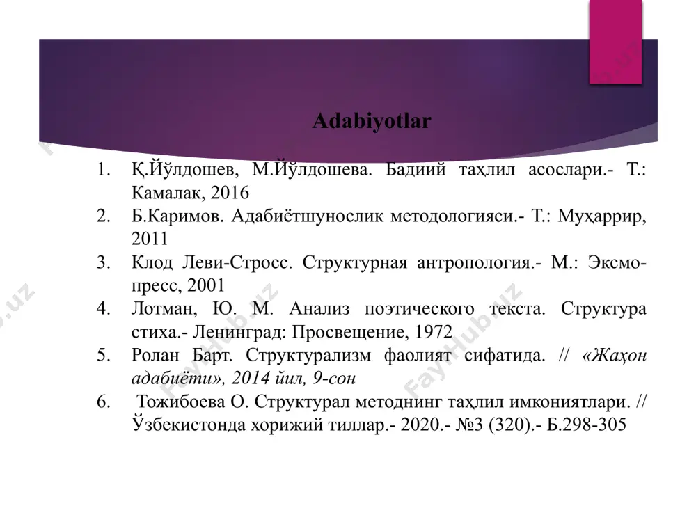 idir. sinxroniyaning diaxroniyadan ustivorligi struktur va tarixiy yondashuvlarni qarshi qo‘yish emas, balki tizimlarni o‘rganishda variantlardan invariantga emas, invariantdan variantga tomon borish talabidir. struktur tahlilda amallar ketma-ketligi mavjud. buni yu.b.borev struktur tahlil bosqichlari deb atab, quyidagicha tasniflaydi: 1. aksiomatizasiya – muayyan parametr bo‘yicha sistemani elementlarga ortiq bo‘lib bo‘lmasligiga isbot talab qilmaydigan asos topish. 2. dissosiasiya aksiomatizasiya natijasida belgilangan asosga tayangan holda o‘rganilayotgan ob’yektni struktur elementlarga bo‘lish. 3. assosiasiya – struktura elementlari orasidagi alloqalarni topish. 4. identifikasiya – elementlarning muhim belgilariga ko‘ra ular orasidagi aloqa-munosabat tipini aniqlash. 5. integrasiya – strukturani tashkil qilayotgan elementlarning hammasini oddiy yig‘indi sifatida emas, birbutunlik o‘laroq ko‘rib chiqish strukturalizm metodiga tayanib turli adabiy ob’yektlar strukturasini tahlil qilingan. ushbu metod, masalan, alohida ijodkor asarlaridagi inson obrazi strukturasidan tortib butun boshli adabiy janrlar, adabiy yo‘nalishlar strukturasigacha tadqiq etaverishi mumkin. biroq uning asosiy ob’yekti, aytish kerakki, unga eng mos keladigan ob’yekt adabiy matndir. shuning uchun ham matn strukutarlizmning asosiy ob’yekti …