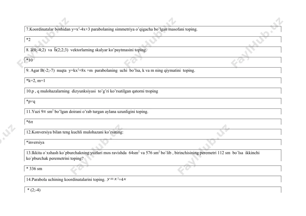 issali nuqtada o`tkazilgan urinma tenglamasini tuzing *y=35x+30 funksiyaning statsionar nuqtalarini toping *x=-1, x=2 abc uchburchak turioni aniqlang, uning yuzini toping: a(2;4;-1), b(1-1;1;2), c(5;1;2) *teng yonli , teng yonli , teng tomonli , turli tomonli , 30. fan: matematika m.a. mirzaahmedov, sh.n.ismailov, a.q.amanov qiyinchilik darajasi: 1 funksiyaning kamayish oraliqlarini toping *(-1;0) va (0;1) (-2;0) va (0;1) (-1;0) va (0;2) (-3;0) va (0;1) 31. fan: matematika m.a. mirzaahmedov, sh.n.ismailov, a.q.amanov qiyinchilik darajasi: 1 funksiyaning lokal maksimum va lokal minimumlariga uning … deyiladi *ekstremumlari o`sish oralig`i kamayish oralig`i hosilasi 32.fan: geometriya m.a. mirzaahmedov , sh.n. ismailov. qiyinchilik darajasi 3 uchlari a(4;0;1), b(5;-2;1), c(4;8;5) nuqtalarda bo’lgan uchburchakning al bissektrisasi uzunligini toping * 33. fan: matematika m.a. mirzaahmedov, sh.n.ismailov, a.q.amanov qiyinchilik darajasi: 1 koordinatalar tekisliklari fazoni nechta oktantaga bo`ladi *8 5 4 6 34. fan: matematika m.a. mirzaahmedov, sh.n.ismailov, a.q.amanov qiyinchilik darajasi: 1 fazoda …deb yo`naltirilgan kesmaga aytiladi *vektor burchak kollinear simmetriya 35. fan: matematika …
