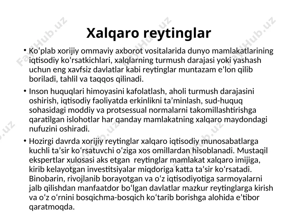 jamg‘armasining “iqtisodiy erkinlik” indeksida 52 pog‘onaga, jahon bankining “logistika samaradorligi” indeksida 19 pog‘onaga, “biznes yuritish” indeksida 18 pog‘onaga ko‘tarildi. o‘zbekiston iqtisodiy hamkorlik va taraqqiyot tashkilotining “mamlakatlarga xos xatarlarni tasniflash” tizimidagi 6-guruh mamlakatlari qatoridan 5-guruh mamlakatlari qatoriga ko‘tarildi. № xalqaro reytining va indekslar nomi mas’ul vazirliklar (tashkilot) 1 suveren kredit reytinglar moliya vazirligi 2 “biznes yuritish” indeksi iqtisodiy taraqqiyot va kambag‘allikni qisqartirish vazirligi 3 boshqaruv sifati indikatorlari iqtisodiy taraqqiyot va kambag‘allikni qisqartirish vazirligi 4 elektron hukumatni rivojlantirish reytingi axborot texnologiyalari va kommunikatsiyalarini rivojlantirish vazirligi 5 “korrupsiyani qabul qilish” indeksi bosh prokuratura 6 “logistika samaradorligi”indeksi transport vazirligi 7 jahon bankining statistik salohiyat indeksi davlat statistika qo‘mitasi 8 iqtisodiy erkinlik indeksi iqtisodiy taraqqiyot va kambag‘allikni qisqartirish vazirligi 9 iqtisodiy hamkorlik va taraqqiyot tashkilotining (ihtt) mamlakatlarga xos xatarlarni tasniflash tizimi, moliya vazirligi 10 inson kamoloti indeksi oliy va o‘rta maxsus ta’lim vazirligi, xalq ta’limi vazirligi sog‘liqni saqlash vazirligi 11 huquq ustuvorligi indeksi adliya vazirligi …