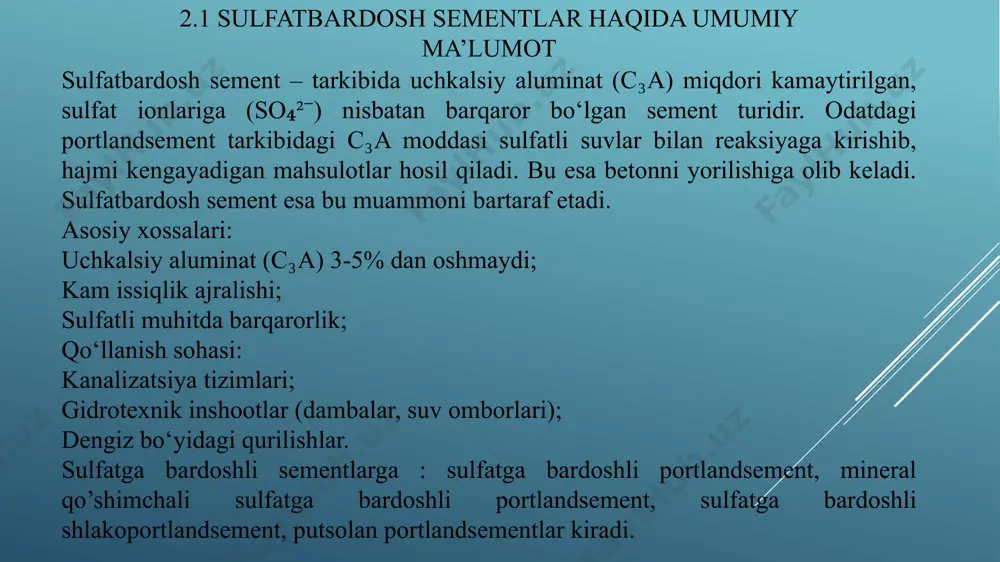 nik moddalar kiradi hamda ularni beton va qorishmalarga quyidagi maqsadda qo’shiladi : g’ovaklar va kapilyarlar devorlarini hamda buyumlarini sathini xo’llanilishini kamaytirish uchun; havo olib kiruvchi yoki gaz hosil qiluvchi, hosil bo’lgan gaz bo’shliqlarini gidrofobizatsiyalashini kuzatuvchilar; beton qorishmasini bog’liqligini va harakatchanligini ularda havo yoki gaz pufaklarini bir hilda joylashgani hisobiga oshishi. 2.4 gidrofob portlandsement 7-rasm. gidrofob portlandsement. 2.4 gidrofob portlandsement gidrofob qo’shimchalarni samaradorligini гост 30459 talablari bilan moslashtirib betonni suv shimuvchanligi darajasi bo’yicha baholashadi. suv shimuvchanligining kamayish ko’rsatkichi (massa bo’yicha) uw formula bo’yicha hisoblanadi : 8-rasm. gidrofob qo’shimchalarni tavsiya etiladigan miqdori. xulosa sementning turli xossalari va qo‘llanilish sohalarini chuqur o‘rganish natijasida, sulfatbardosh, tez qotuvchan, plastifitsirlangan va gidrofob sementlarning muhim afzalliklari va texnologik xususiyatlari aniqlab olindi. sulfatbardosh sement - agressiv muhitda, ayniqsa, sulfatlarga boy suv yoki tuproqlarda ishlatiladigan beton va temir-beton konstruksiyalar uchun muhim ahamiyatga ega. tez qotuvchan sement - qisqa vaqt ichida mustahkamlikka erishishi bilan ajralib turadi. plastifitsirlangan sement – plastifikator …
