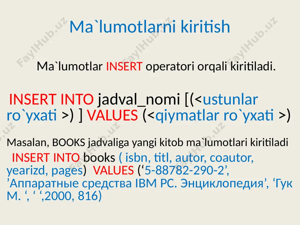 a.v. o`chirilishi kerak bo`lsa, quyidagi so`rov beriladi: delete from r2 where fio = “maxmudova a.v.” delete o`chirish operatori agar jadvaldan o`zlashtirmagan talabalarni o`chirish kerak bo`lsin. oliy ta`lim qonuniga ko`ra oxirgi sessiyada ikkita va undan ortiq fandan ikki baho olgan talaba o`zlashtirmagan hisoblanadi. u holda tanlab olish sharti ikkita va undan ko`p ikki baho olgan talabalarni va ikkita undan ko`p imtihonlarni topshirmagan talabalarni aniqlashi kerak. delete o`chirish operatori bunday talabalarni aniqlash uchun r1 jadvalidan ikki baholi va baho ko`rsatilmagan satrlar tanlab olinishi, keyin olingan natija ‘fio’ ustuni bo`yicha guruhlanishi kerak. keyin har bir guruhdagi satrlar soni aniqlanadi (bu har bir talabaning olgan ikki baholari bilan topshirmagan imtihonlar sonini bildiradi) va ikkitadan ko`p satrga ega ustunlar tanlab olinadi. endi ushbu murakkab bo`lgan konstruktsiyani sql tilida yozamiz va u sodda ko`rinishga ega bo`lishini ko`ramiz. delete from r2 where r2.fio in (select r1.fio from r1 where otsenka = 2 update ma`lumotlarni yangilash operatsiyasi ma`lumotlarni …