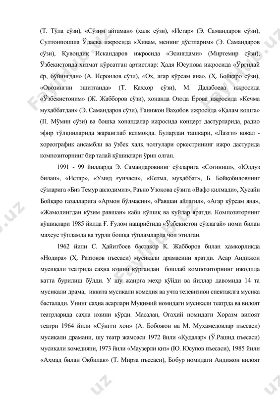мусиқали комедия ва учта телевизион спектаклга мусиқа басталади. унинг саҳна асарлари муқимий номидаги мусиқали театрда ва вилоят театрларида саҳна юзини кўрди. масалан, огаҳий номидаги хоразм вилоят театри 1964 йили «сўнгги хон» (а. бобожон ва м. муҳамедовлар пъесаси) мусиқали драмани, шу театр жамоаси 1972 йили «қудалар» (ў.рашид пъесаси) мусиқали комедияни, 1973 йили «маузерли қиз» (ю. юсупов пъесаси), 1985 йили «аҳмад билан оқбилак» (т. мирза пъесаси), бобур номидаги андижон вилоят театри 1969 йили «салтанат шубҳада» (ш. саъдулло пъесаси), 1971 йили фарғона вилоят театри «яйлов тонги» (тамкин пъесаси) ва 1973 йили «завқий» (к. маҳкамов пъесаси), алишер навоий номидаги наманган вилоят театри 1976 йили «муҳаббат ёдгори» (м. назаров пъесаси) ва 1979 йили «фарзанд деб» (ў. рашид пъесаси), м. тошмуҳамедов номидаги қашқадарё вилояти театри 1978 йили «чороғбонлар» (м. назаров пъесаси) мусиқали драмаларини, ю. ражабий номидаги сирдарё вилоят театри 1990 йили «икки ошиқ бир бўлса» (т. каҳҳор пъесаси) мусиқали комедияни томошабинларга ҳавола қилган эди. муқимий номидаги …