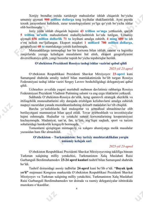 qo‘shimcha modullar ochiladi. “yagona raqamli platforma” yakuniga yetkazilib, korxonalarning 15 ta iqtisodiy ko‘rsatkichlari aks ettiriladi. yana bir muhim vazifa – energiya samaradorlik. energiyani tejash hamda ishlab chiqarish quvvatlaridan foydalanish darajasini oshirish orqali tannarxni kamaytirish zarurligi ta’kidlandi. sohada hali ishga solinmagan imkoniyatlar ko‘pligi ko‘rsatib o‘tildi. jadal rivojlanayotgan ichki bozorda mahsulotlarga talab ortayapti. jahon bozoridagi nobarqaror sharoit ham yangi vazifalar qo‘ymoqda. shu bois tarmoqni tarkibiy jihatdan o‘zgartirish, mahalliylashtirish va qo‘shilgan qiymatni oshirish chora-tadbirlari muhokama qilindi. mutasaddilarga hozirgi zamon talablari va kelgusi iqtisodiy prognozlar asosida kimyo sanoatini rivojlantirish bo‘yicha yangi dastur ishlab chiqish vazifasi qo‘yildi. bunda yangi yo‘nalishlarni o‘zlashtirish orqali tarmoqni diversifikatsiya qilish, yuqori qo‘shilgan qiymatli mahsulotlar ishlab chiqarishga alohida ahamiyat qaratish zarurligi ko‘rsatib o‘tildi. elektrotexnika sanoatidagi rejalar taqdimot qilindi 2025-yil 22-aprel prezident shavkat mirziyoyev 22-aprel kuni elektrotexnika sohasida joriy yil birinchi chorakda qilingan ishlar va navbatdagi vazifalarga oid taqdimot bilan tanishdi. bu tarmoq mamlakatimiz sanoatining drayverlaridan biri. so‘nggi yetti yilda eksport hajmi …