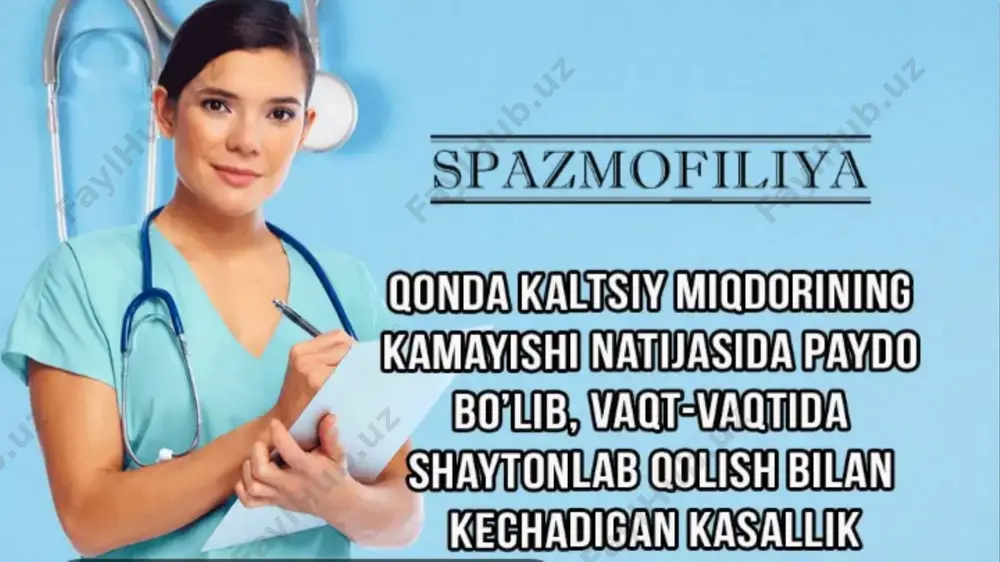 ko’pincha zoriqishda,hayajonlanganda,qo’rquvdayokiyig’laganda nafas olish qiyinlashadi va o’ziga xos shovqinii nafas paydo bo’ladi, nafas bir necha sekundga to'xtashi mumkin. bola oqarib ketadi, keyin kokaradi, yuzida va tanaslda sovuq ter paydo bo’ladi. xuruj shovgiqli_.nafas chiqarish bilan tugaydi va nafas asta 'sekin normallashadi. laringospazm kun davomida takrorlanishi mumkin. uzoq spazmda xushini yoqotish va klonik talvasa kuzatilishi mumkin. karpopedal spazm (yaqqol tetaniya). qo’l va oyog' mushaklarining og’riq i i spazmi. bunda bannoqlar “akusher qo’li” holatida bo’ladi, shuningdek, oyoq barmoqlari ekvin-varus holatini oladi, oyog'lar kaft qismiga qarab bukiladi, kaftda teri burmalar hosil qiladi. spazm bir necha sekunddan bir necha minulgacha davom etadi, ba’zida uzoqroq. ba’zida karpopedal spazmlar klonik talvasalar bilan birga keladi. eklampsiya. hushni yogo’tish bilan kechuvchi keng tarqalgan talvasa xurujlari. ba’zida talvasalar og’iz uchida va ko'zda vuz mushaklarining uchishi bilan boshlanadi, oyog’gacha tarqaladi. xuruj davomiyligi bir necha minutdan bir necha soatgacha (eklampiik status deb yuritiladi). ba’zida talvasalar uyquda boshlanadi tetaniyasi bor bolafarcla xurujlar oraliqida …